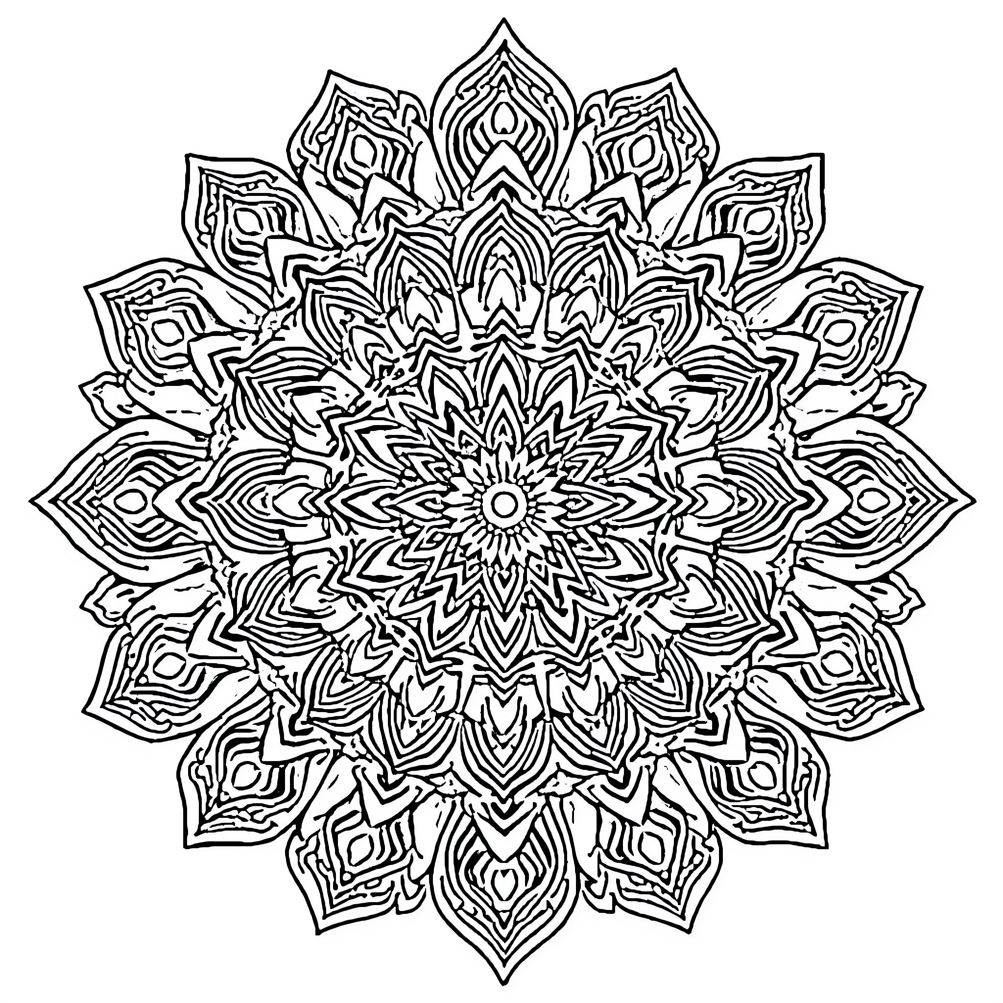 Mandala of intricate symmetrical patterns Coloring Page (free black-and-white line drawing printable PDF for all, from beginners to advanced learners, including children, teens, adults, and seniors)