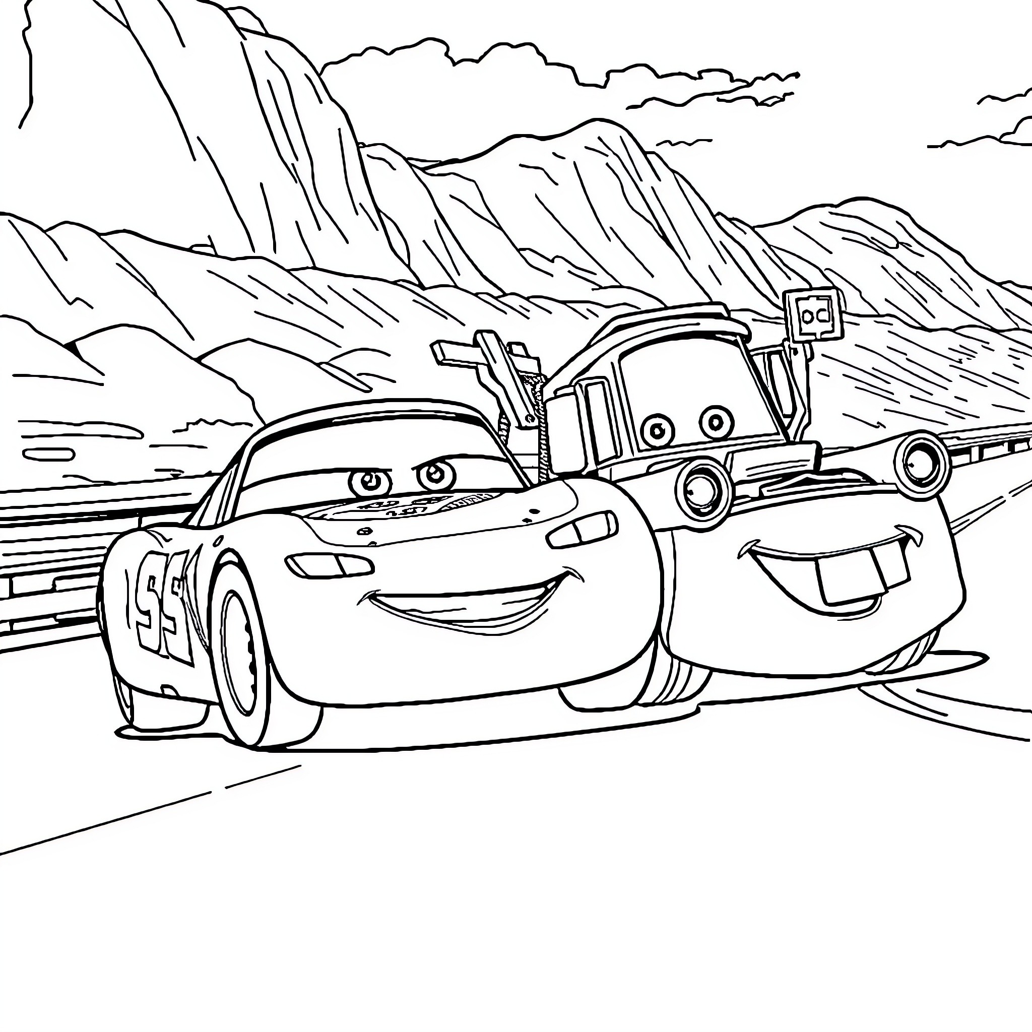 McQueen and Friends Race Through the Mountains Coloring Page (free black-and-white line drawing printable PDF for all, from beginners to advanced learners, including children, teens, adults, and seniors)