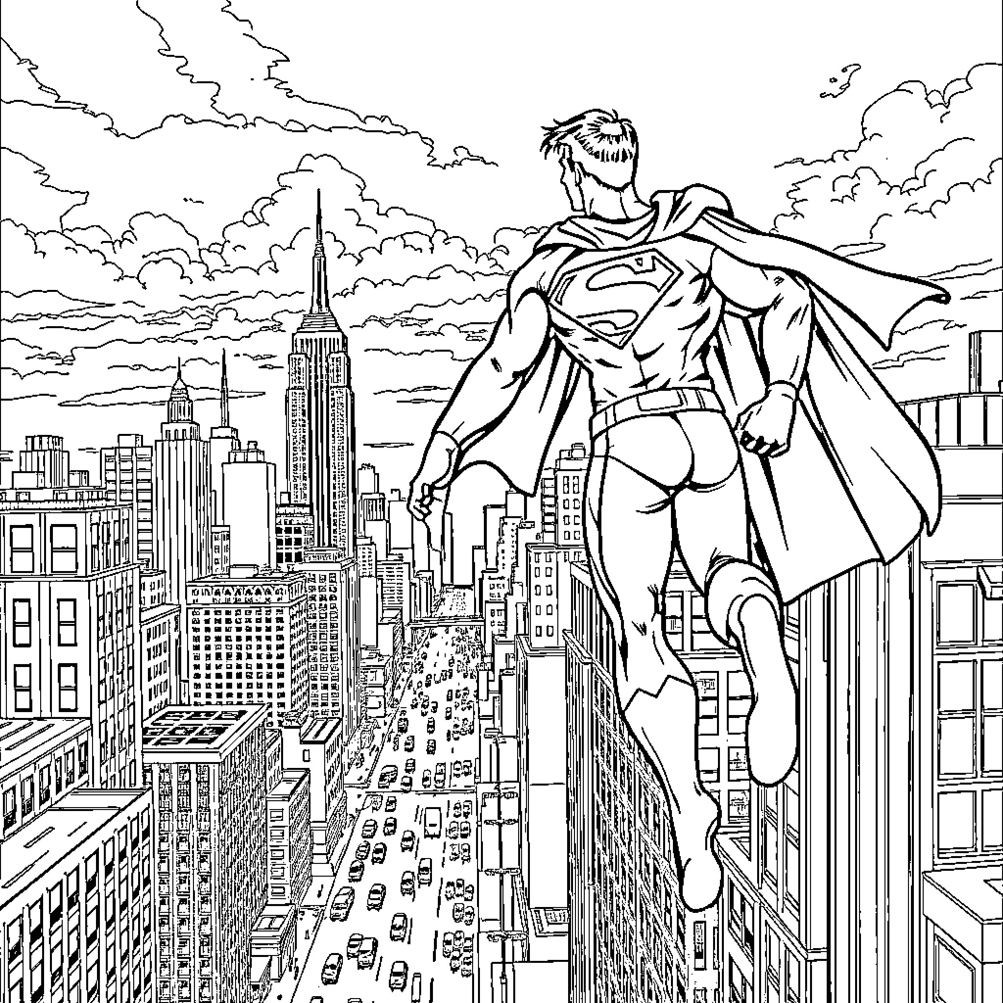 Superman soaring over the bustling city skyline Coloring Page (free black-and-white line drawing printable PDF for all, from beginners to advanced learners, including children, teens, adults, and seniors)
