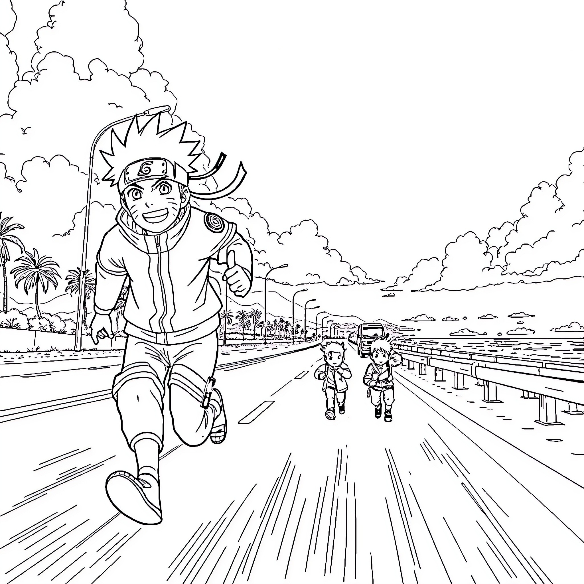 Naruto Rushes Ahead of His Teammates on a Journey Coloring Page (free black-and-white line drawing printable PDF for all, from beginners to advanced learners, including children, teens, adults, and seniors)