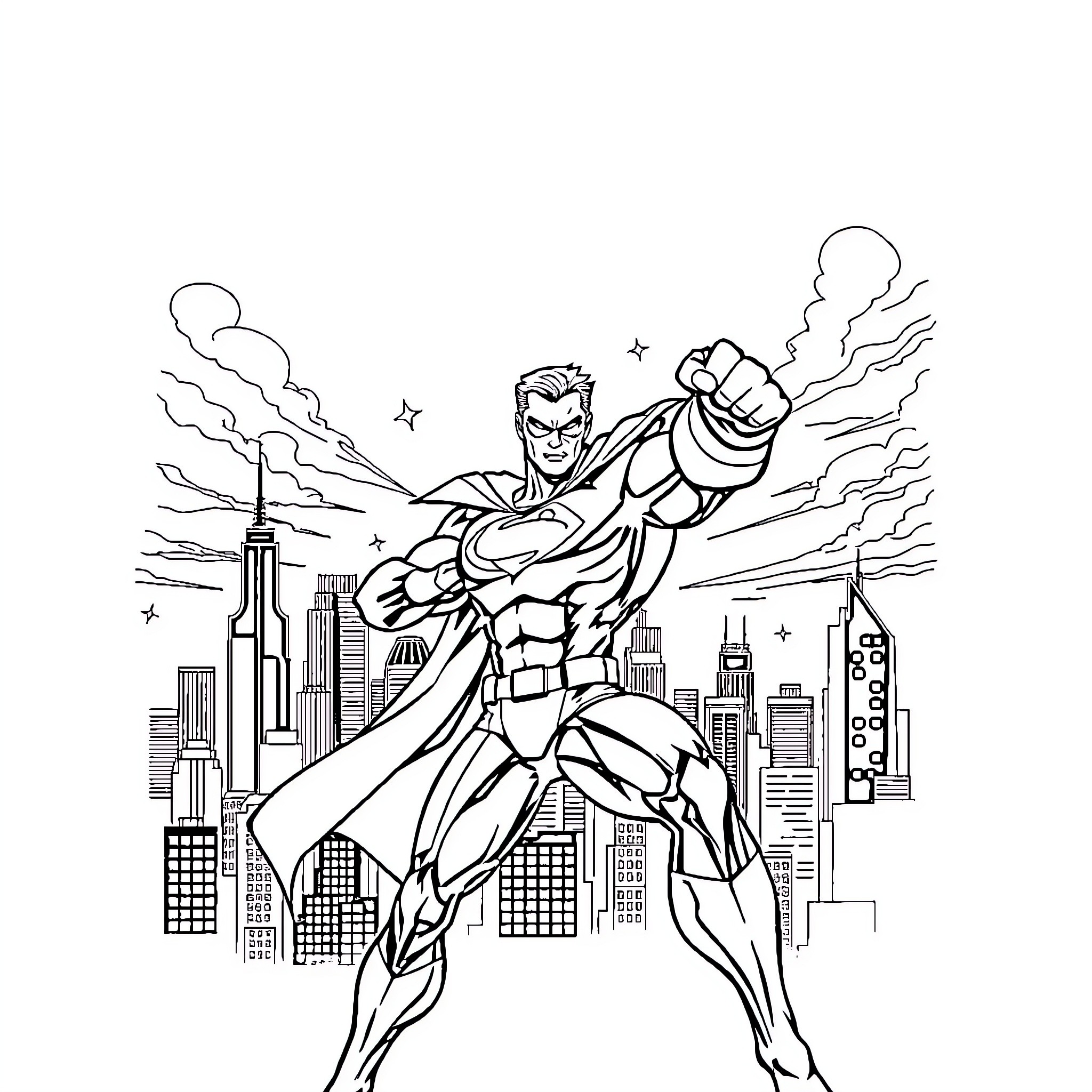 Superhero Saving the City with Heroic Pose Coloring Page (free black-and-white line drawing printable PDF for all, from beginners to advanced learners, including children, teens, adults, and seniors)