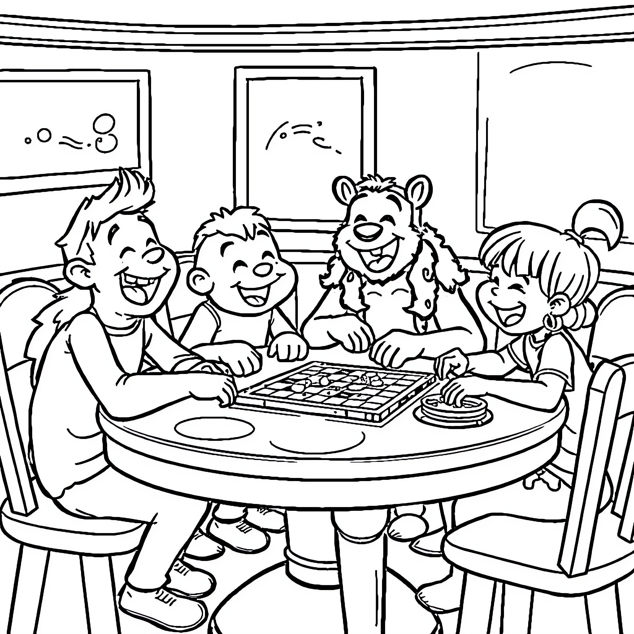 LankyBox friends enjoying game night together Coloring Page (free black-and-white line drawing printable PDF for all, from beginners to advanced learners, including children, teens, adults, and seniors)
