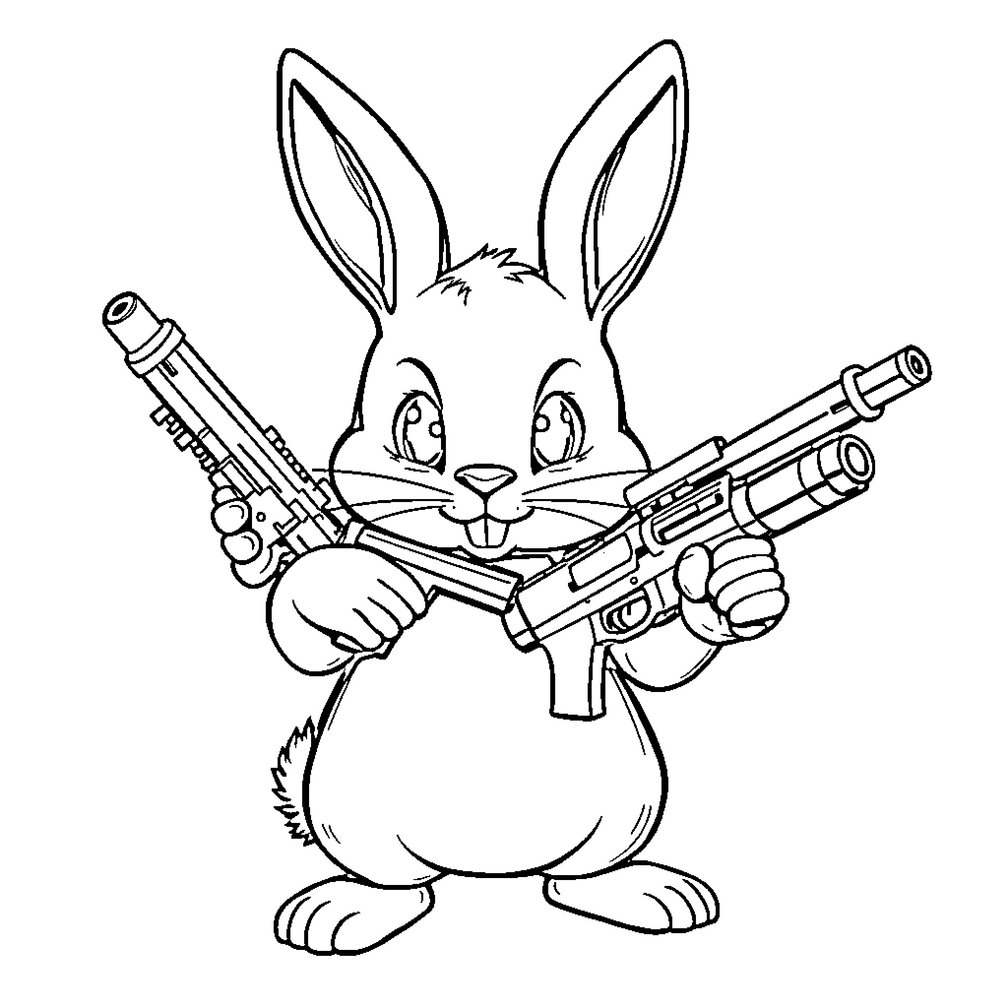 Bunny holding toy guns with mischievous expression Coloring Page (free black-and-white line drawing printable PDF for all, from beginners to advanced learners, including children, teens, adults, and seniors)