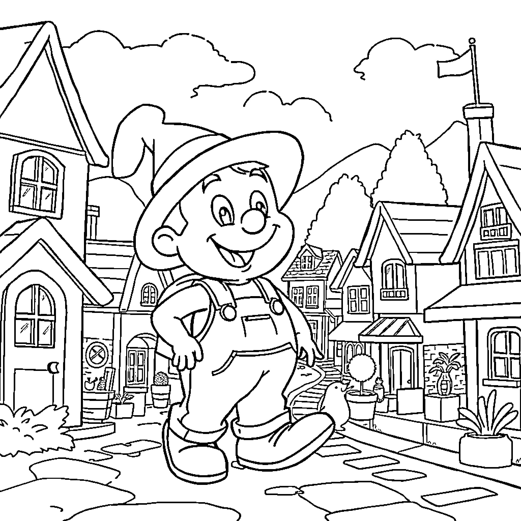 Oui-oui's Playful Adventure in the Village Coloring Page (free black-and-white line drawing printable PDF for all, from beginners to advanced learners, including children, teens, adults, and seniors)