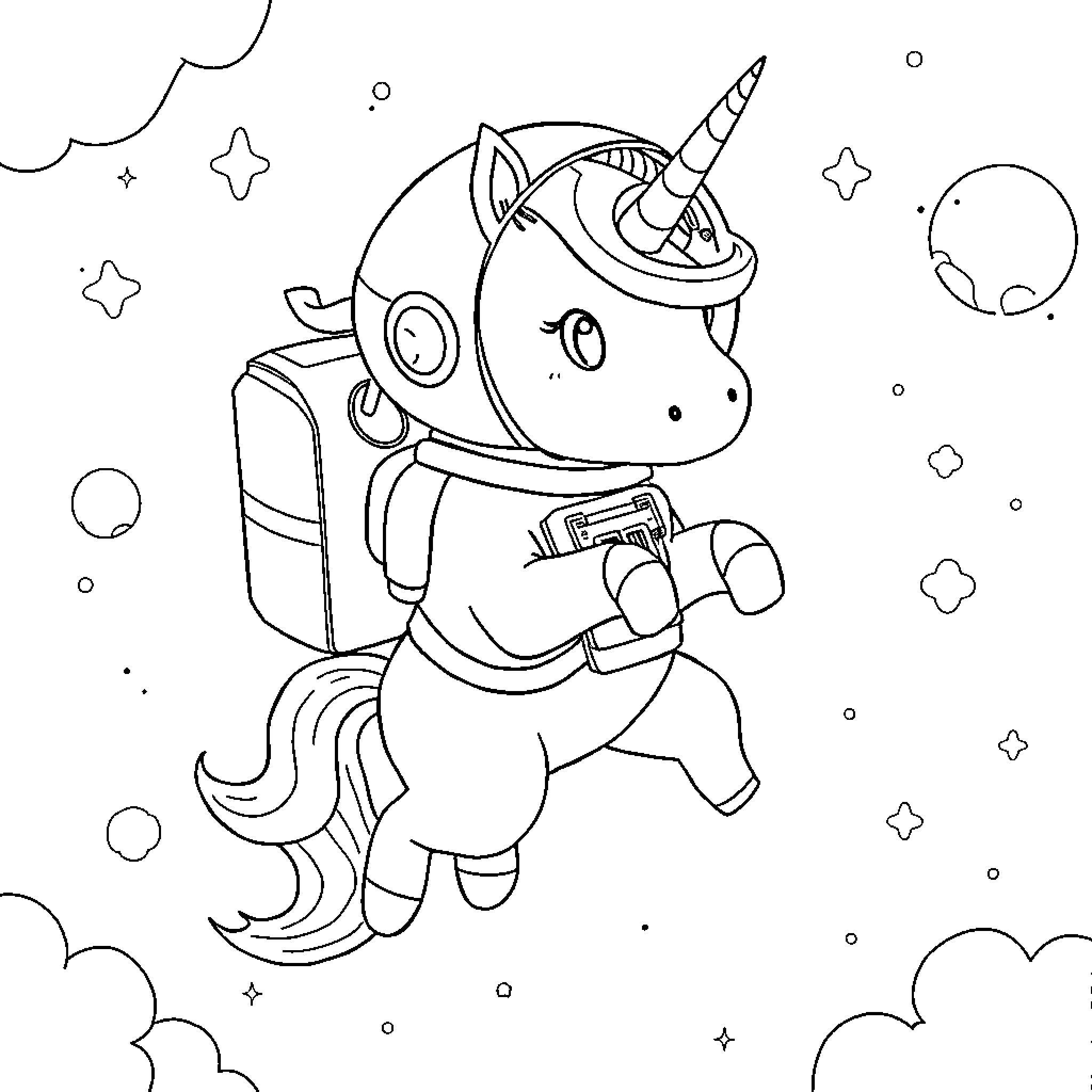 Astronaut Unicorn exploring the cosmic landscape Coloring Page (free black-and-white line drawing printable PDF for all, from beginners to advanced learners, including children, teens, adults, and seniors)