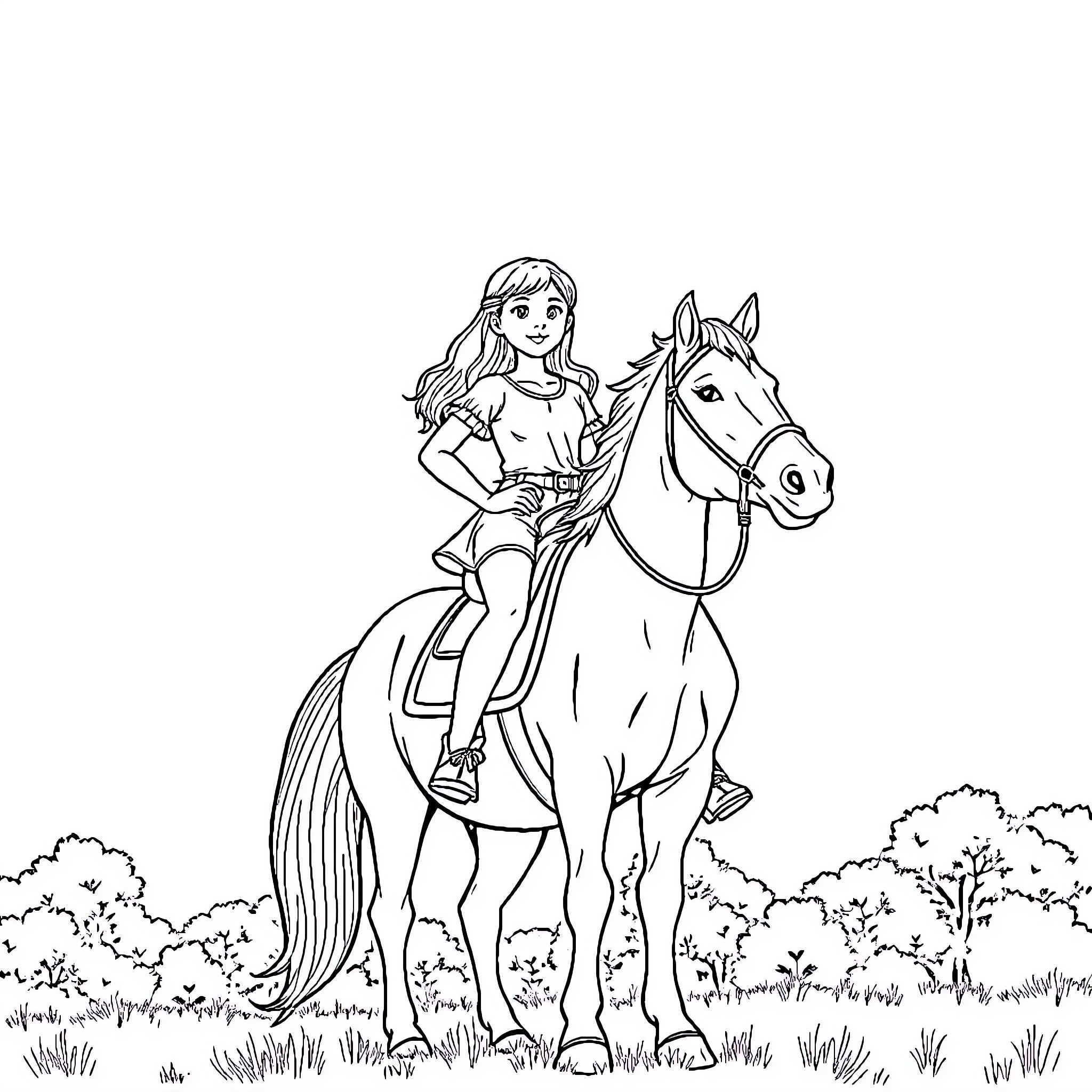 Girl riding a horse in a field Coloring Page (free black-and-white line drawing printable PDF for all, from beginners to advanced learners, including children, teens, adults, and seniors)