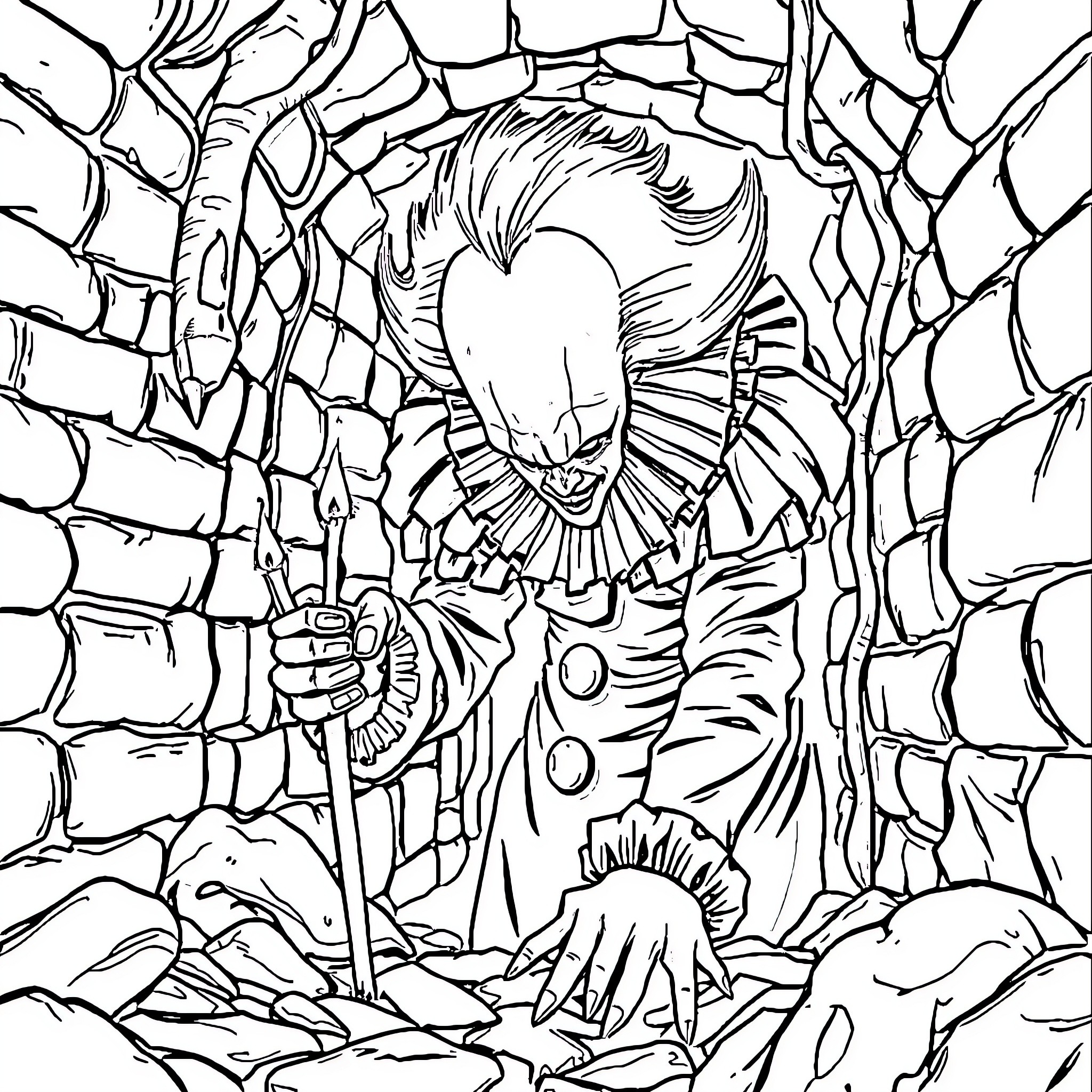 IT Creepy figure lurking in the shadows Coloring Page (free black-and-white line drawing printable PDF for all, from beginners to advanced learners, including children, teens, adults, and seniors)