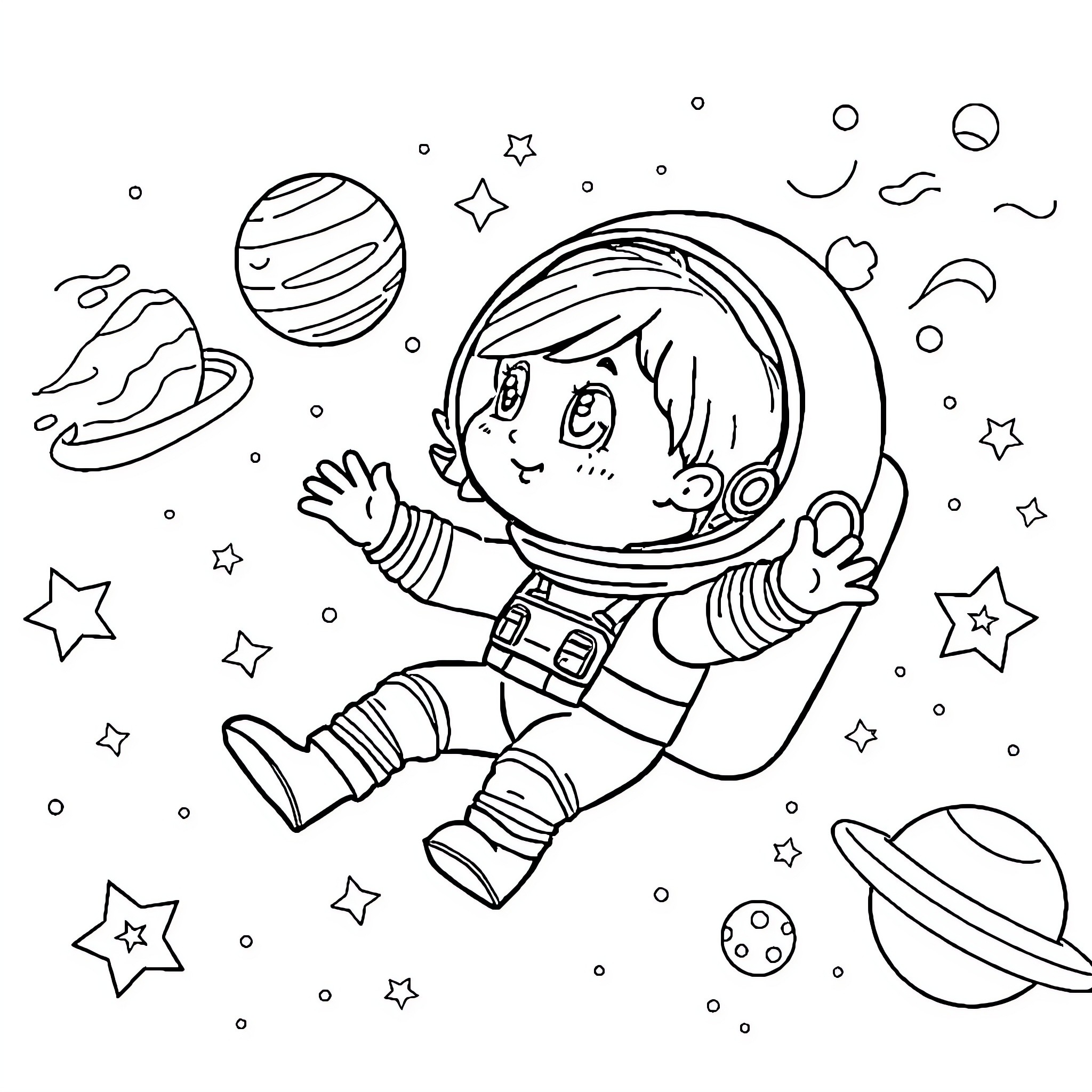 Girl Exploring the Wonders of Outer Space Coloring Page (free black-and-white line drawing printable PDF for all, from beginners to advanced learners, including children, teens, adults, and seniors)