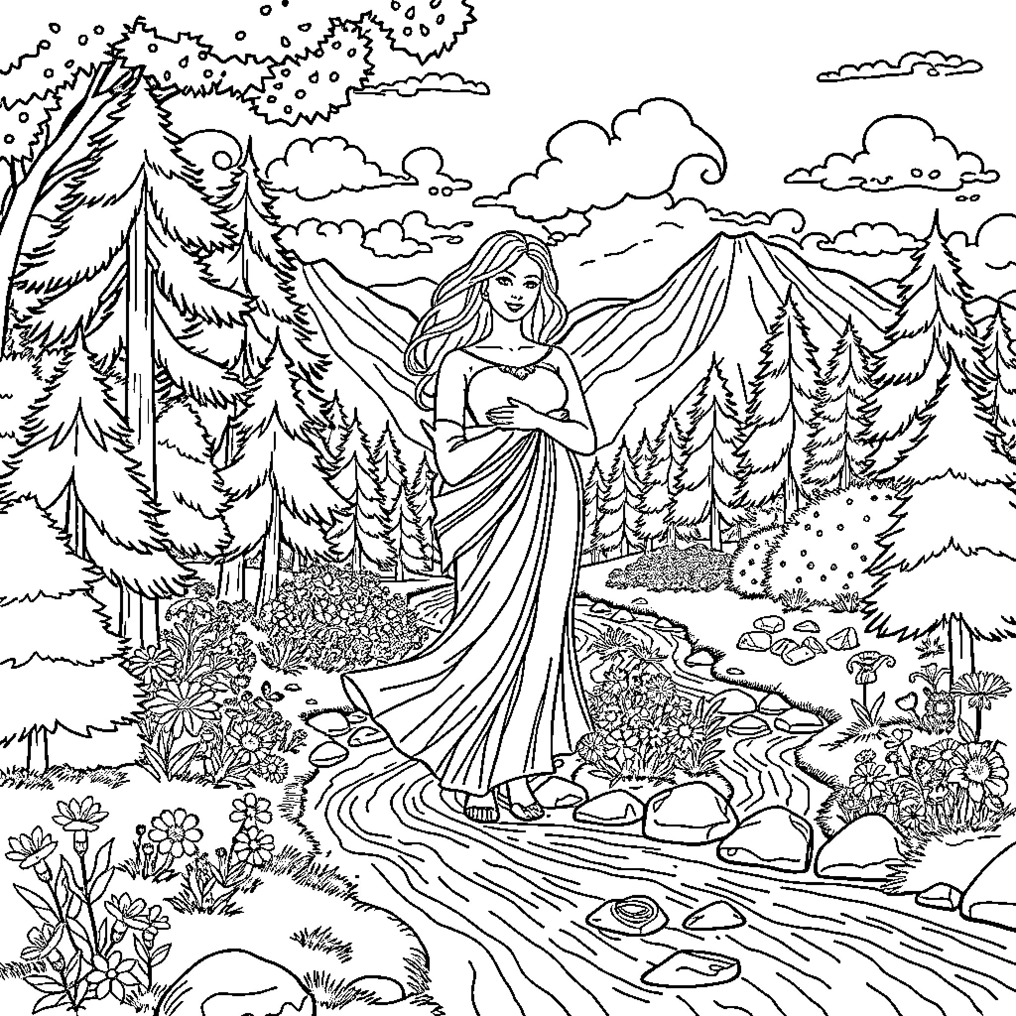 Mother Earth's Enchanting Nature Walk Coloring Page (free black-and-white line drawing printable PDF for all, from beginners to advanced learners, including children, teens, adults, and seniors)