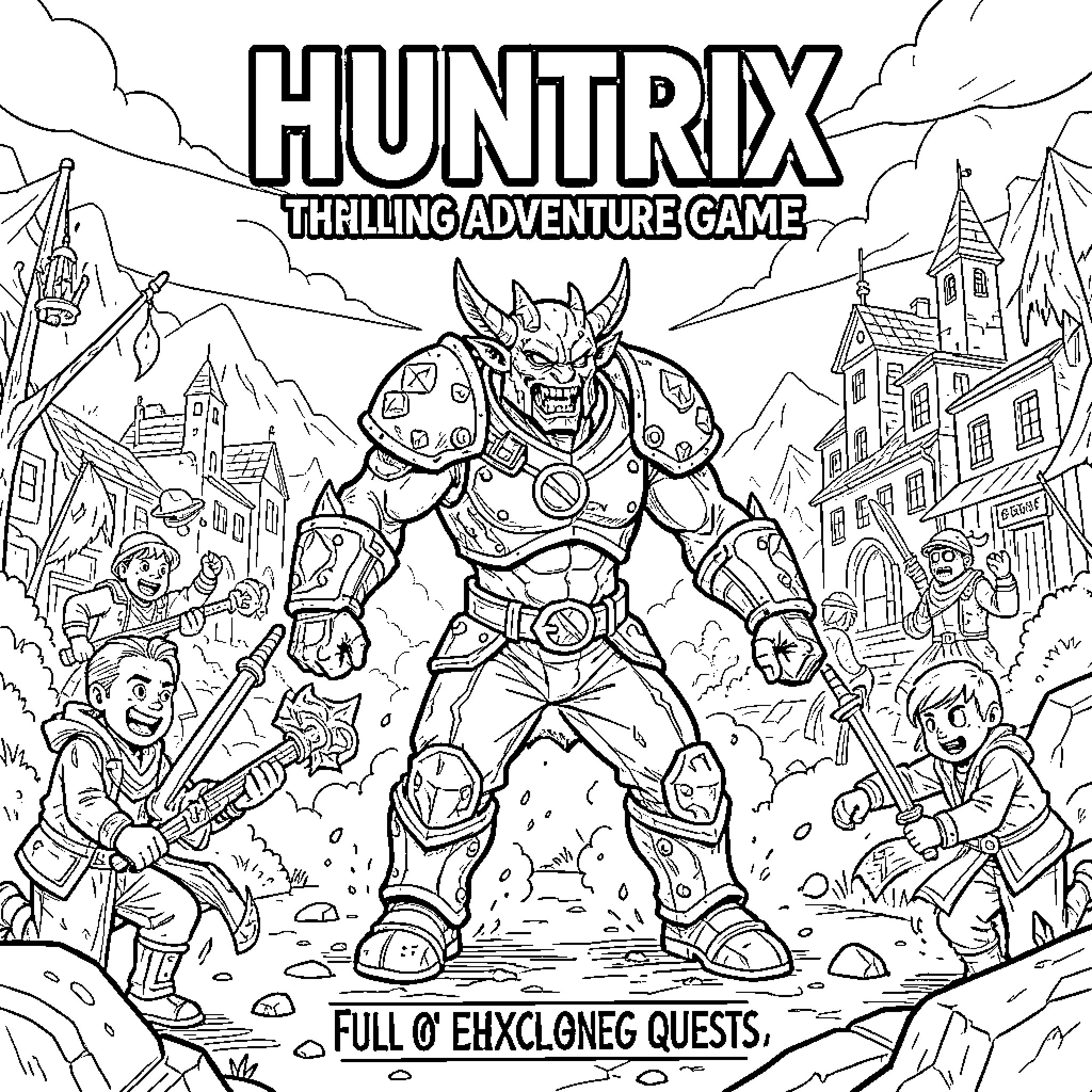 Huntrix warrior facing small adventurers in a town Coloring Page (free black-and-white line drawing printable PDF for all, from beginners to advanced learners, including children, teens, adults, and seniors)
