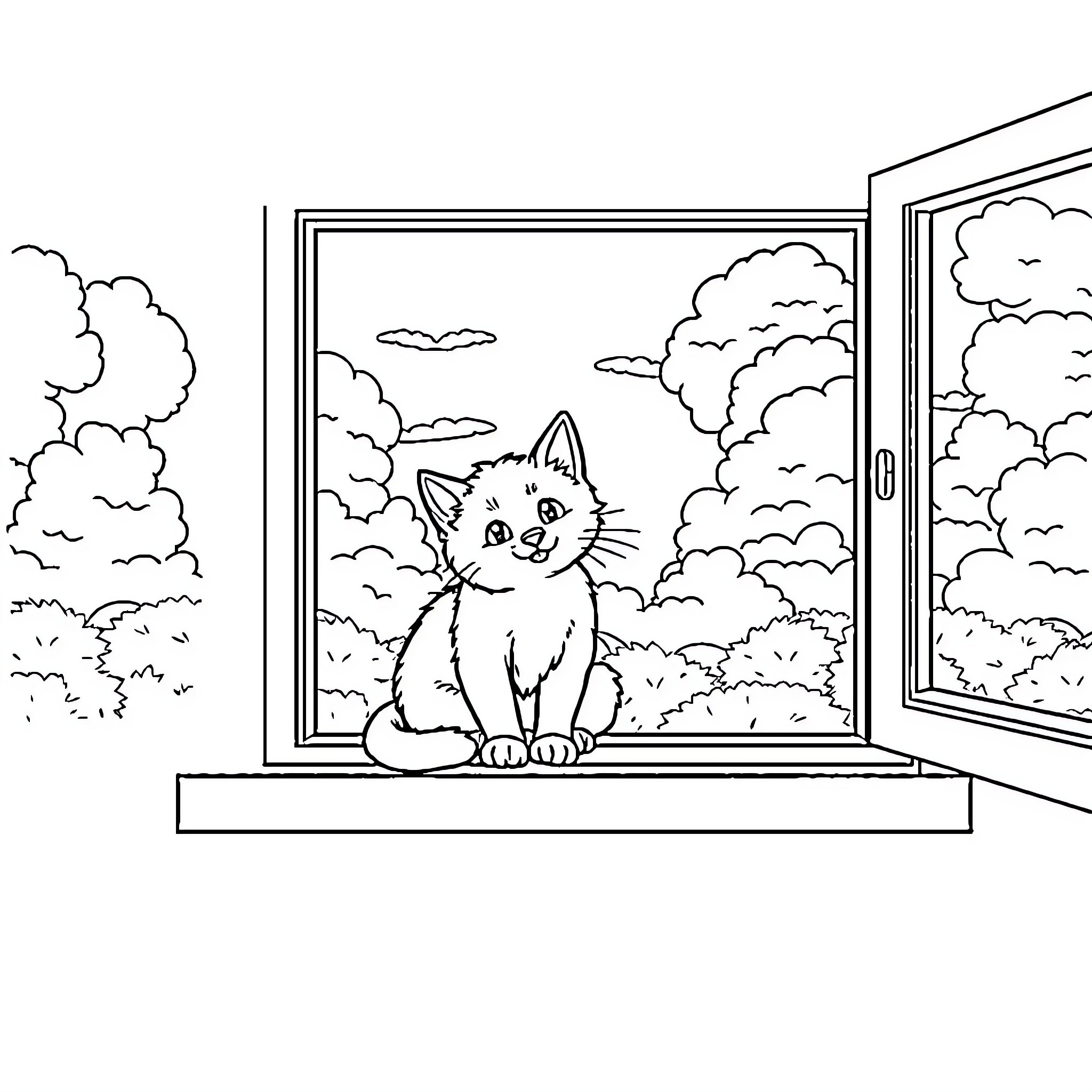 Kitten Sitting Peacefully on Window Ledge Coloring Page (free black-and-white line drawing printable PDF for all, from beginners to advanced learners, including children, teens, adults, and seniors)