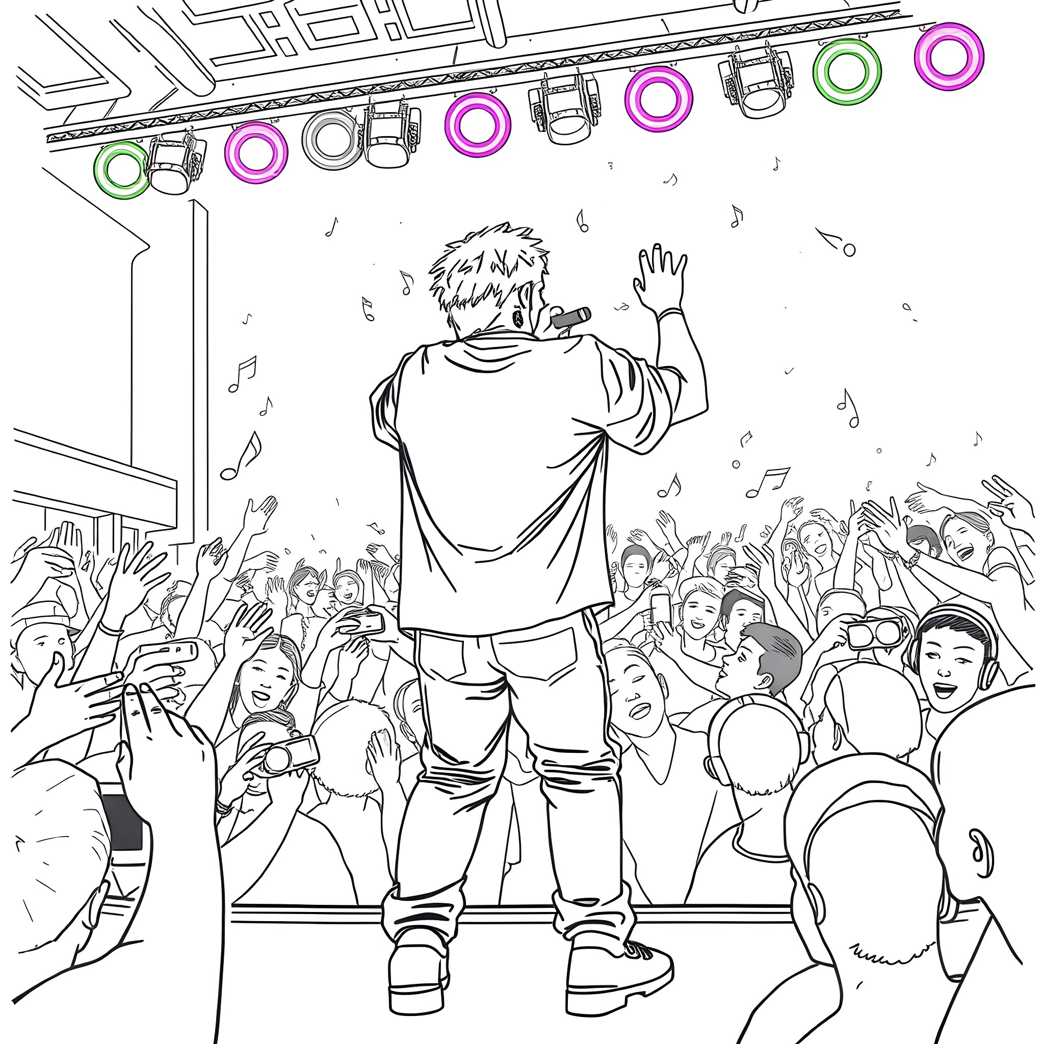 Juice Wrld performing energetically on stage Coloring Page (free black-and-white line drawing printable PDF for all, from beginners to advanced learners, including children, teens, adults, and seniors)