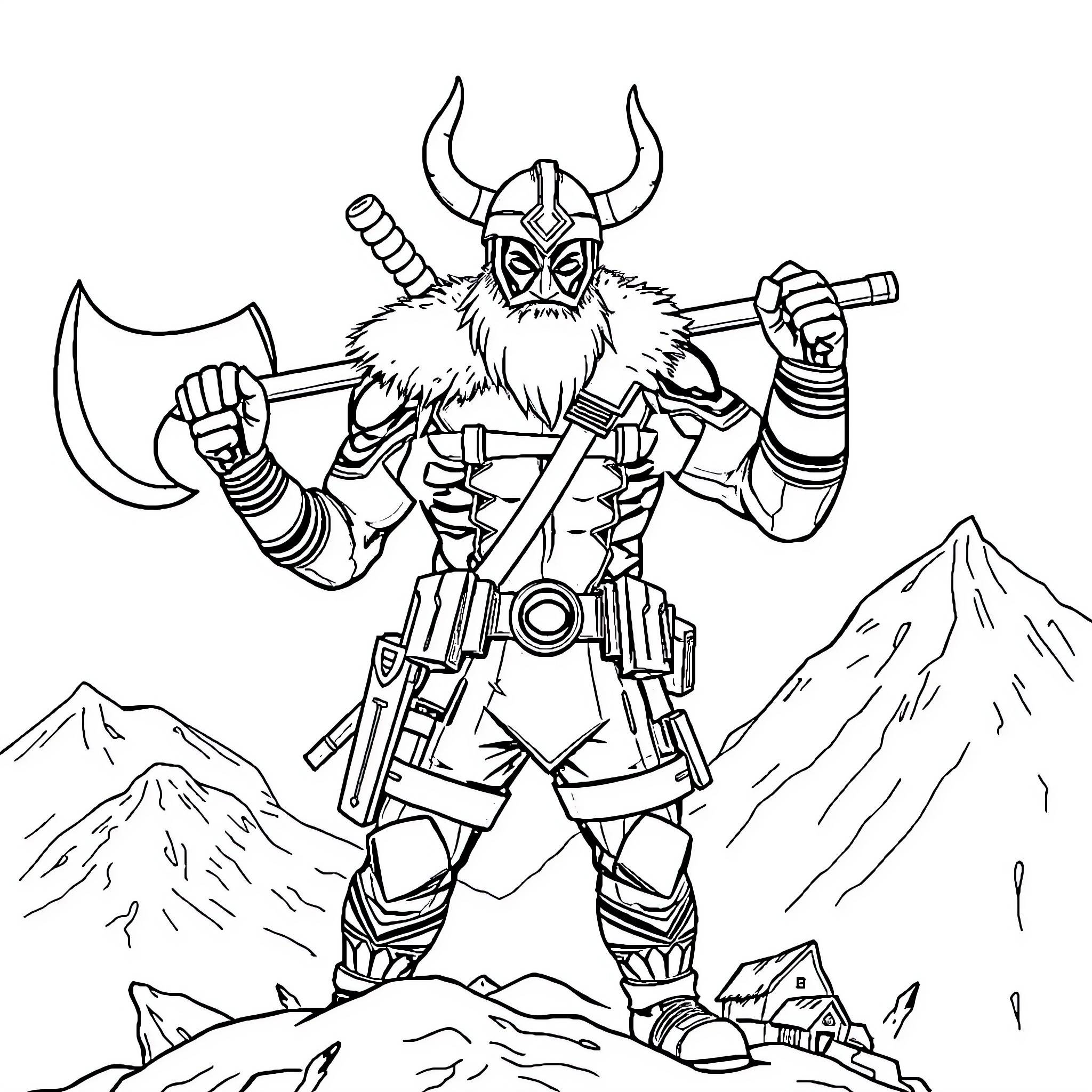 Deadpool-inspired Viking Warrior with Axe in the Mountains Coloring Page (free black-and-white line drawing printable PDF for all, from beginners to advanced learners, including children, teens, adults, and seniors)
