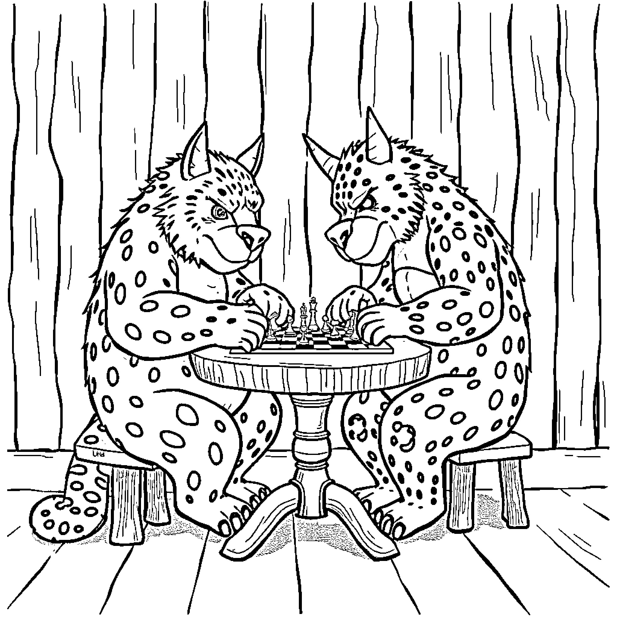 Ursaring Playing Chess with Spotted Creature Coloring Page (free black-and-white line drawing printable PDF for all, from beginners to advanced learners, including children, teens, adults, and seniors)