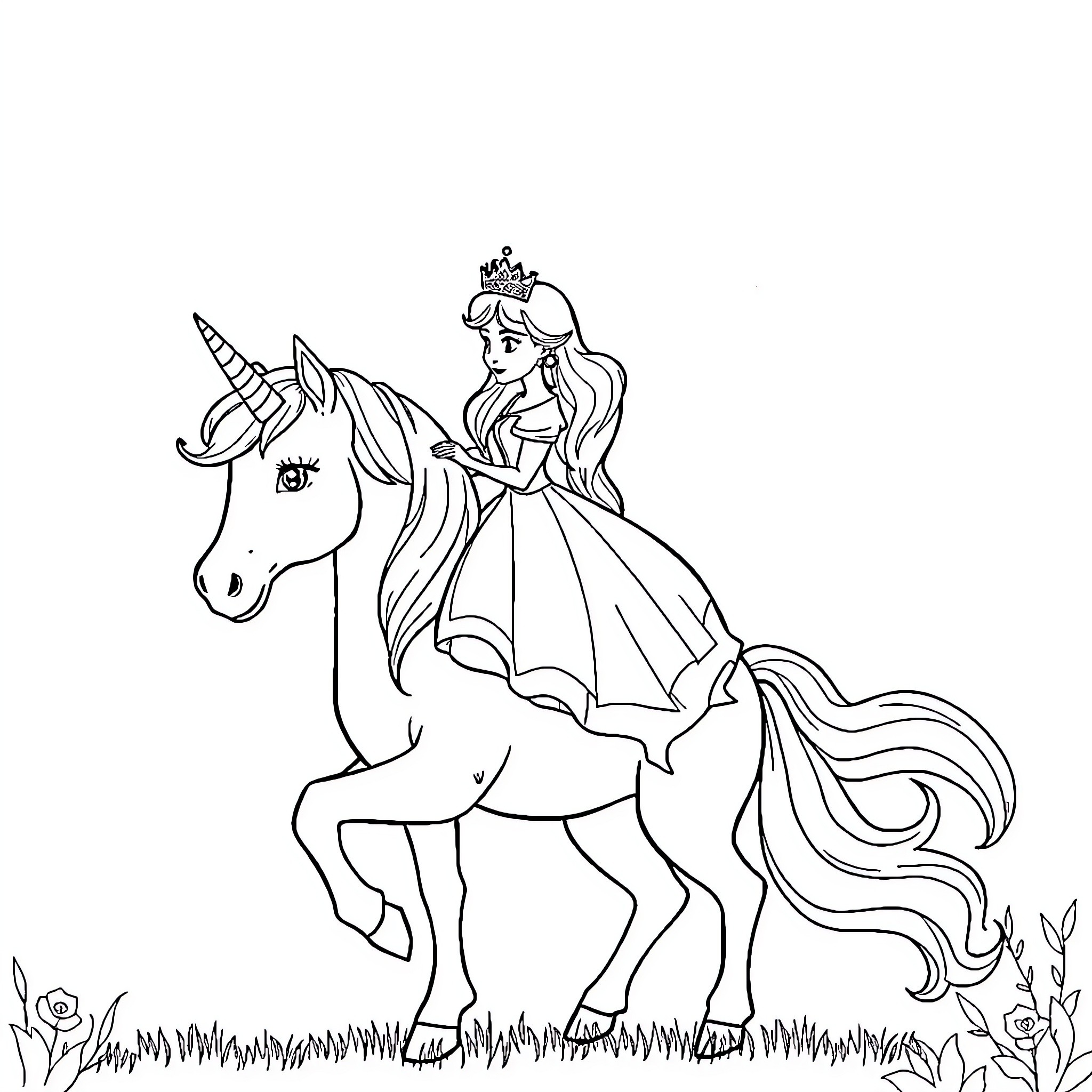 Princess Riding a Unicorn in a Meadow Coloring Page (free black-and-white line drawing printable PDF for all, from beginners to advanced learners, including children, teens, adults, and seniors)