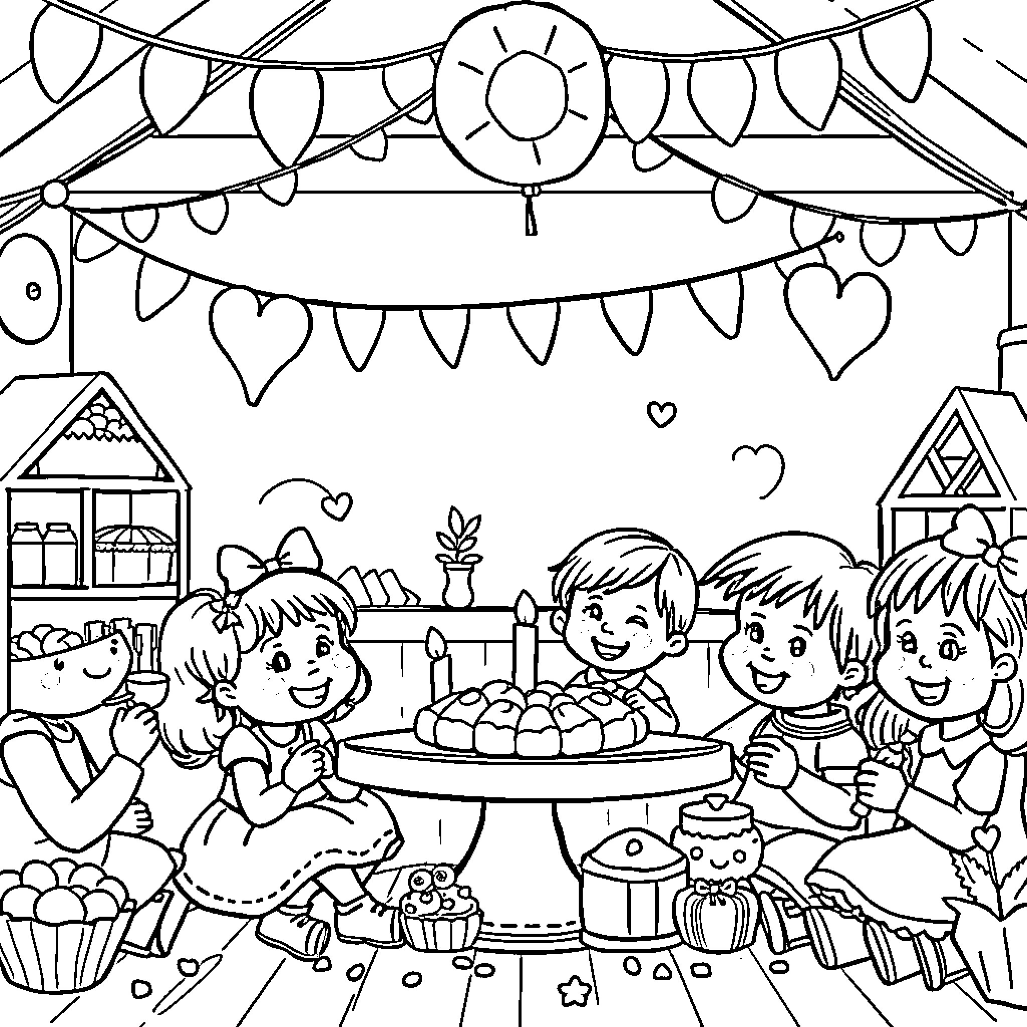 Zuckerfest - Children's Party with Decorations and Treats Coloring Page (free black-and-white line drawing printable PDF for all, from beginners to advanced learners, including children, teens, adults, and seniors)