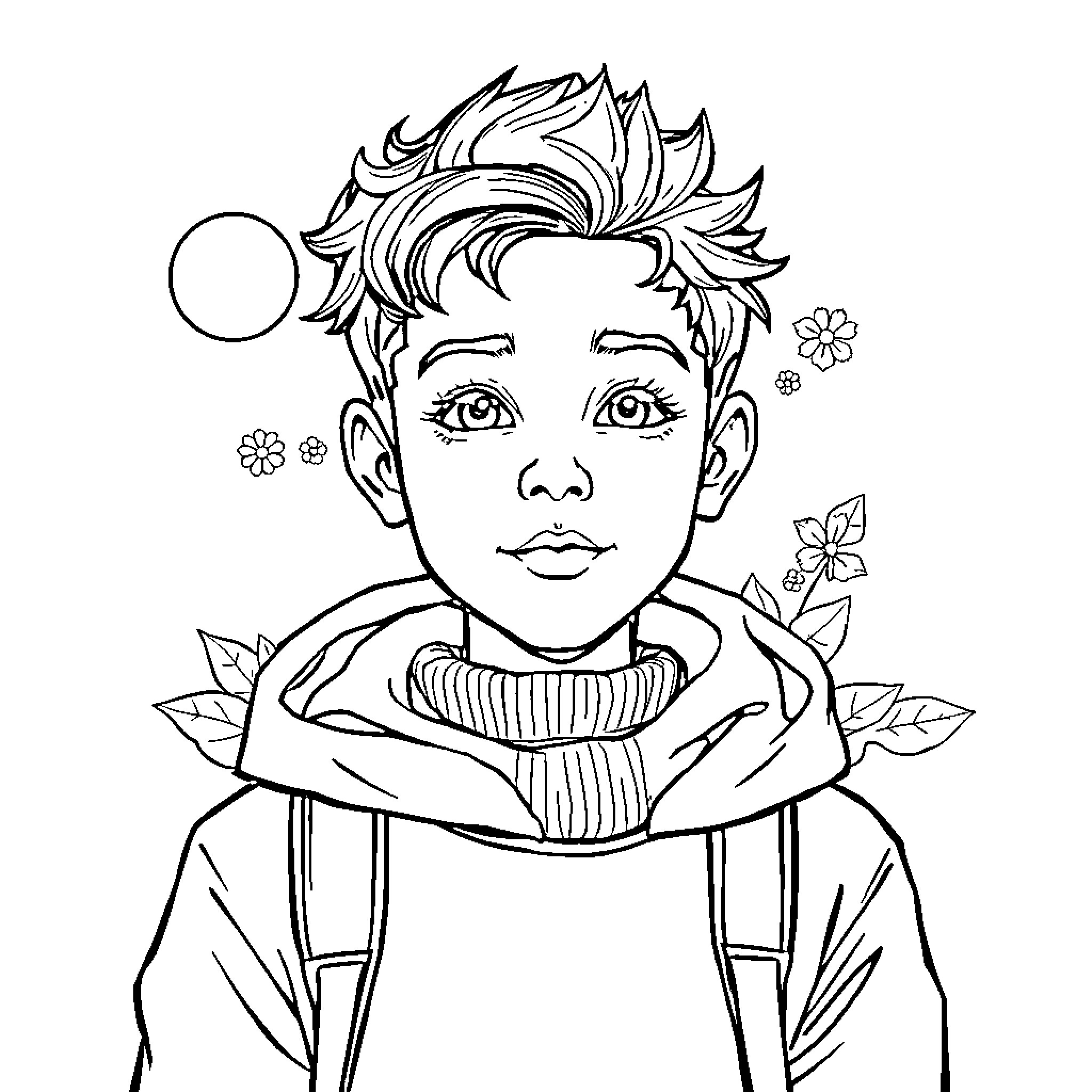 Leolio's Whimsical Expression and Floral Motif Coloring Page (free black-and-white line drawing printable PDF for all, from beginners to advanced learners, including children, teens, adults, and seniors)