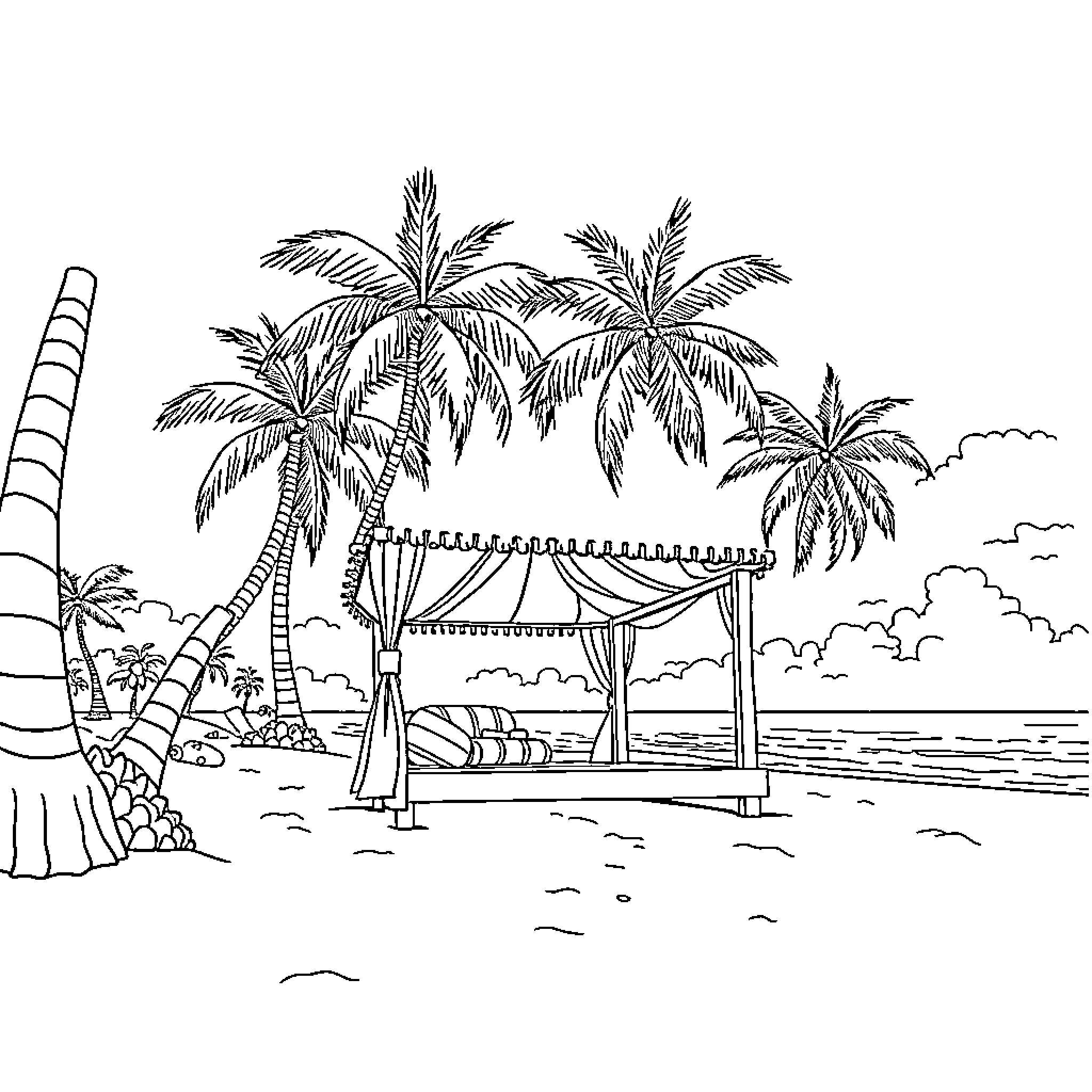 Cabana under palm trees by the beach Coloring Page (free black-and-white line drawing printable PDF for all, from beginners to advanced learners, including children, teens, adults, and seniors)
