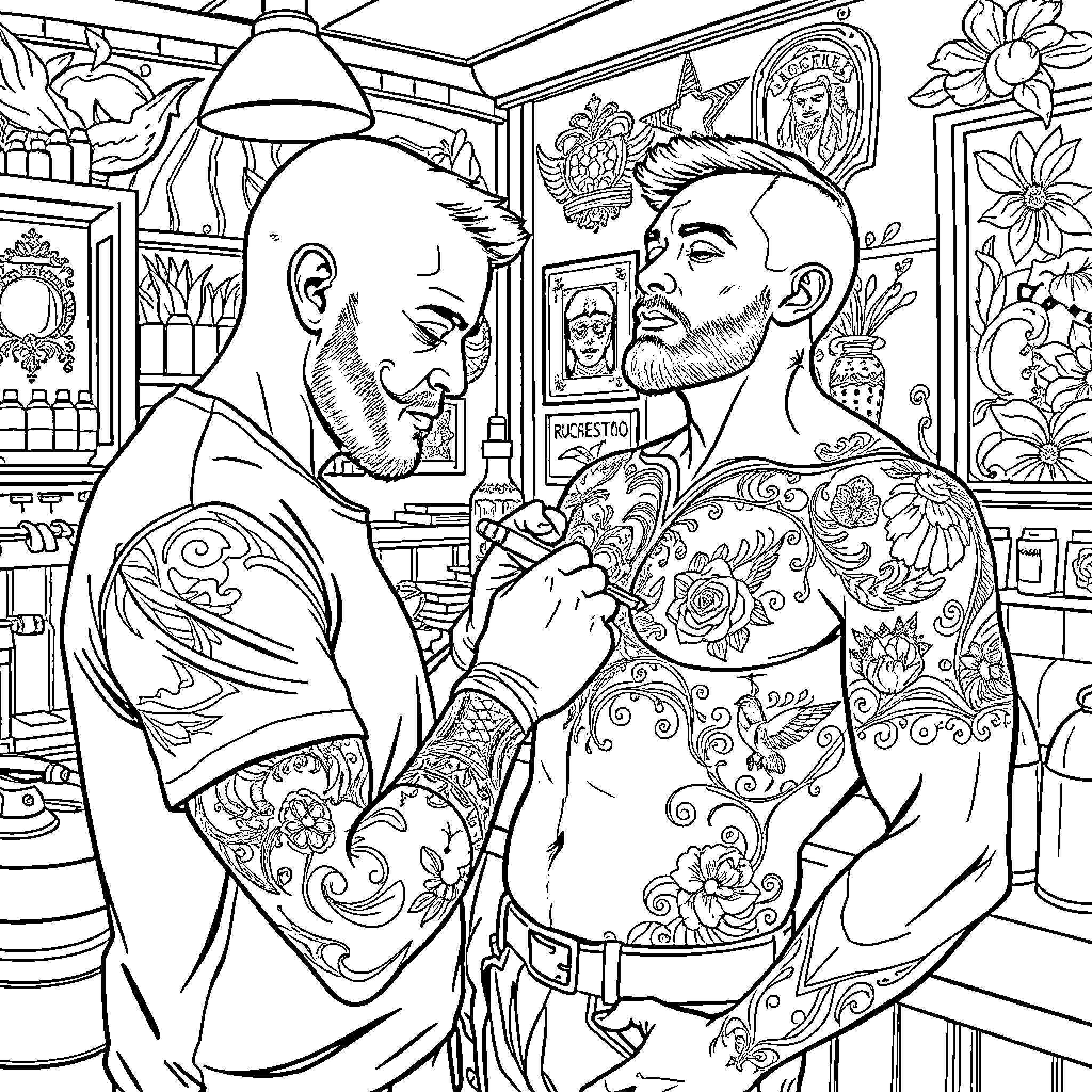 Man gets his tattoo touched up by artist in studio Coloring Page (free black-and-white line drawing printable PDF for all, from beginners to advanced learners, including children, teens, adults, and seniors)