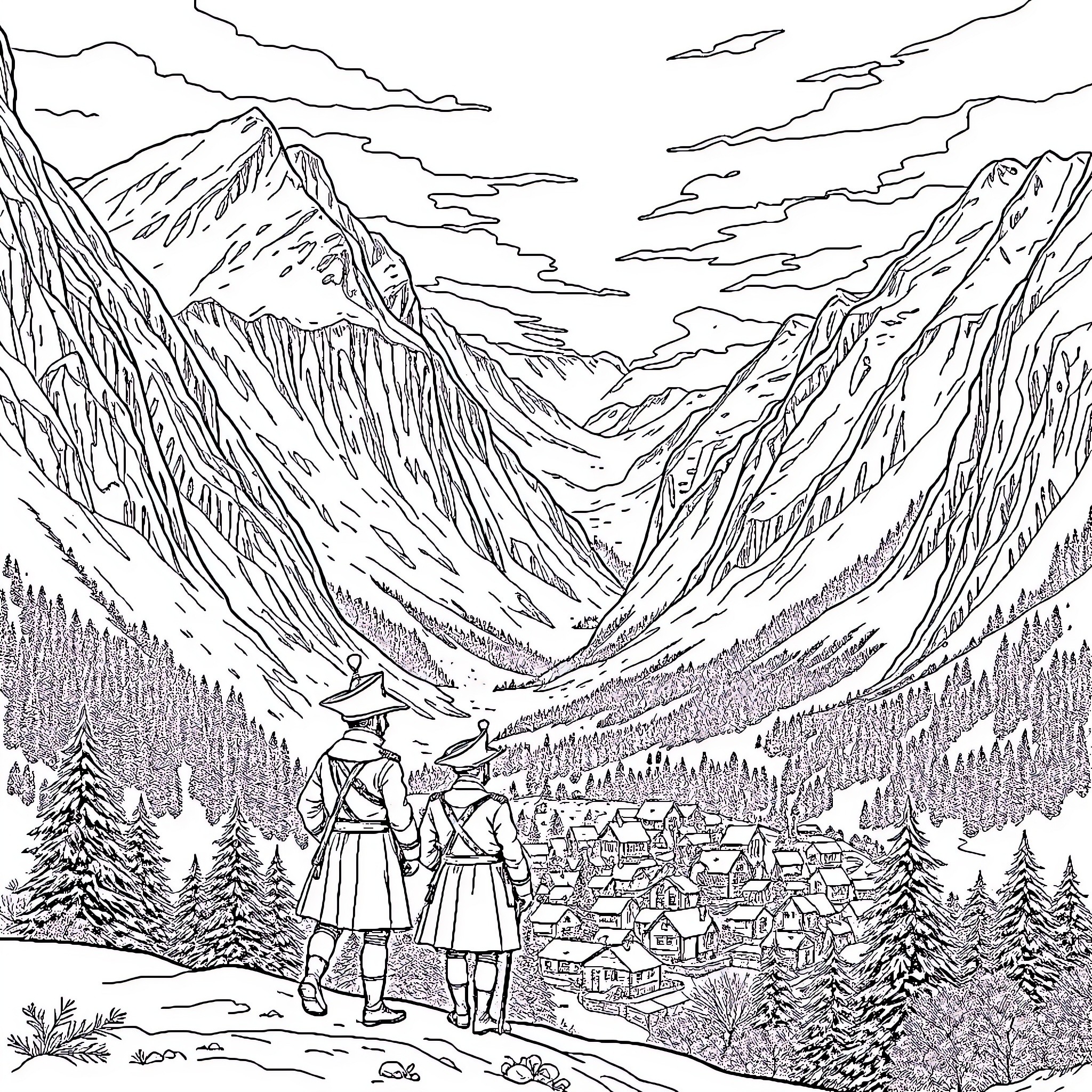 Mountain Hikers Admiring Scenic Snowy Landscape Coloring Page (free black-and-white line drawing printable PDF for all, from beginners to advanced learners, including children, teens, adults, and seniors)