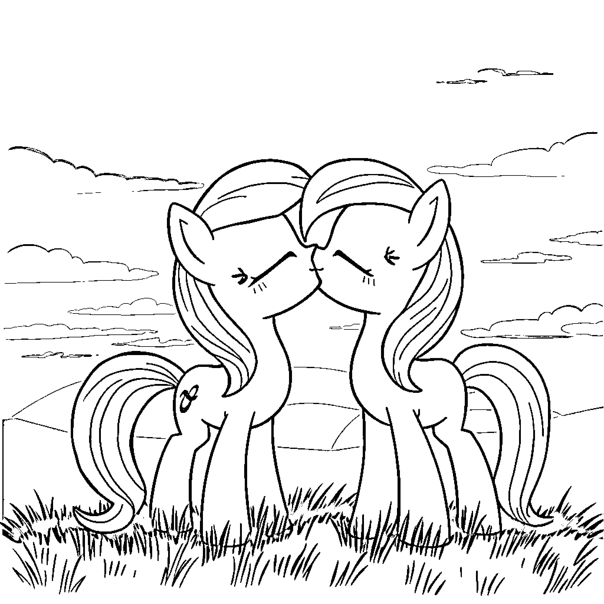Twilight Sparkle's Peaceful Pony Embrace Coloring Page (free black-and-white line drawing printable PDF for all, from beginners to advanced learners, including children, teens, adults, and seniors)