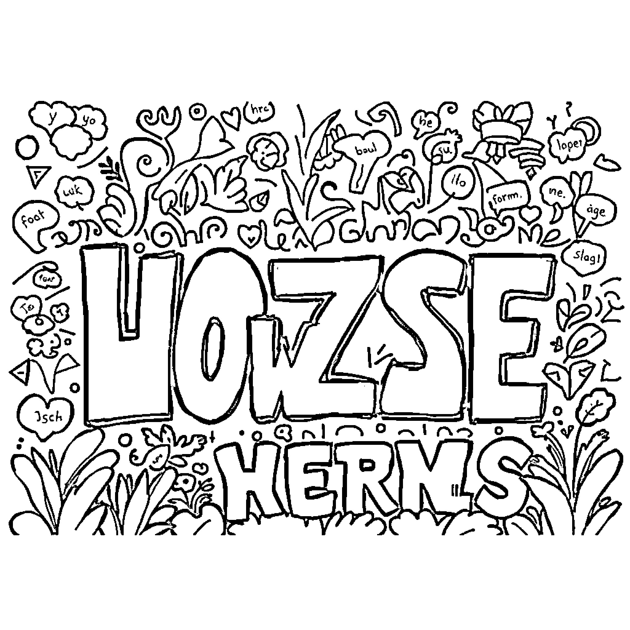 Picture of various doodles and text Coloring Page (free black-and-white line drawing printable PDF for all, from beginners to advanced learners, including children, teens, adults, and seniors)