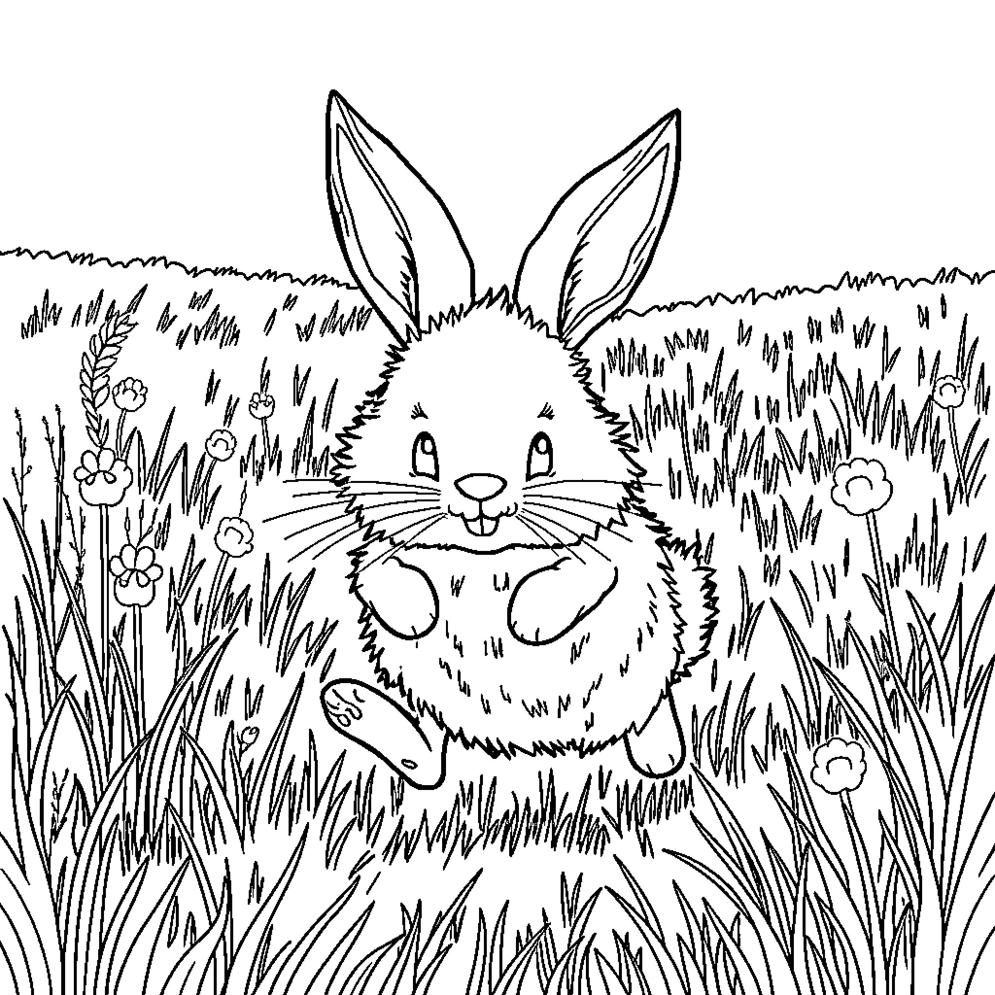 Rabbit hopping playfully in the grassy field Coloring Page (free black-and-white line drawing printable PDF for all, from beginners to advanced learners, including children, teens, adults, and seniors)