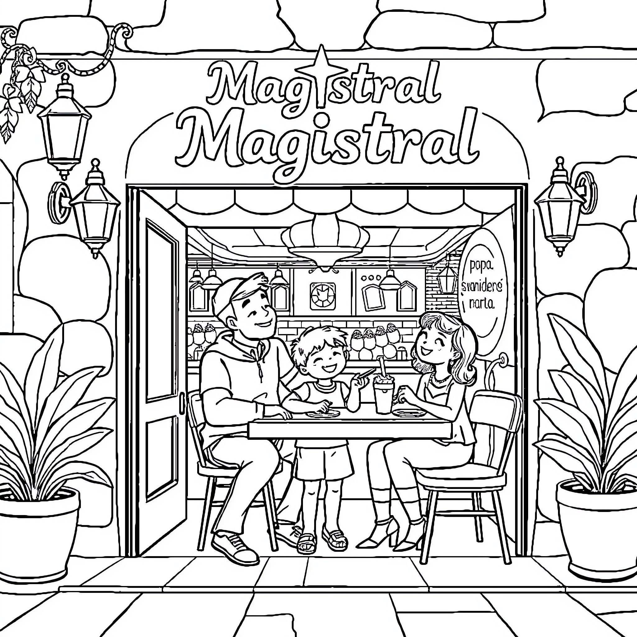 Familia Enjoying a Meal at Magistral Magistral Coloring Page (free black-and-white line drawing printable PDF for all, from beginners to advanced learners, including children, teens, adults, and seniors)