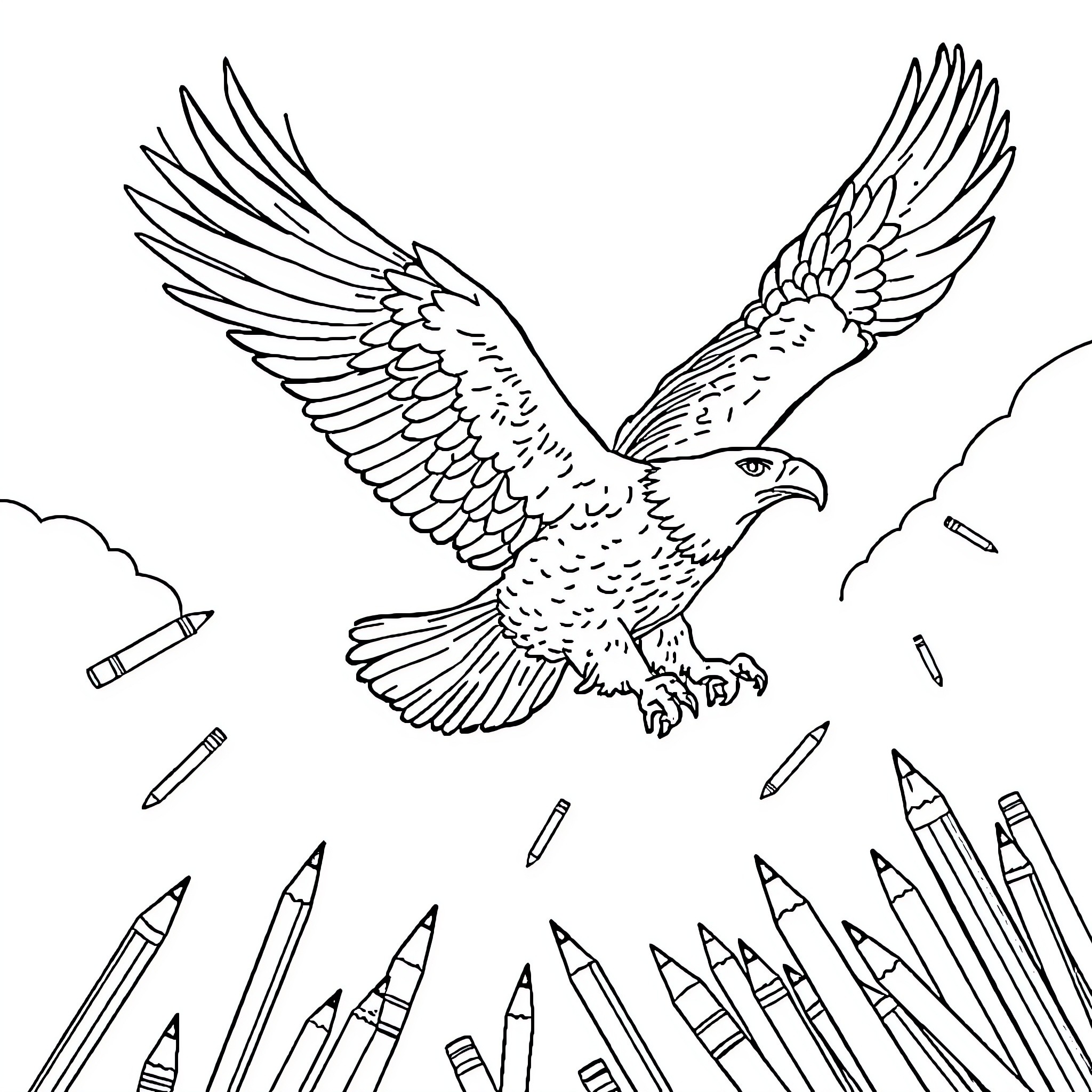 Eagle soaring gracefully through the sky Coloring Page (free black-and-white line drawing printable PDF for all, from beginners to advanced learners, including children, teens, adults, and seniors)