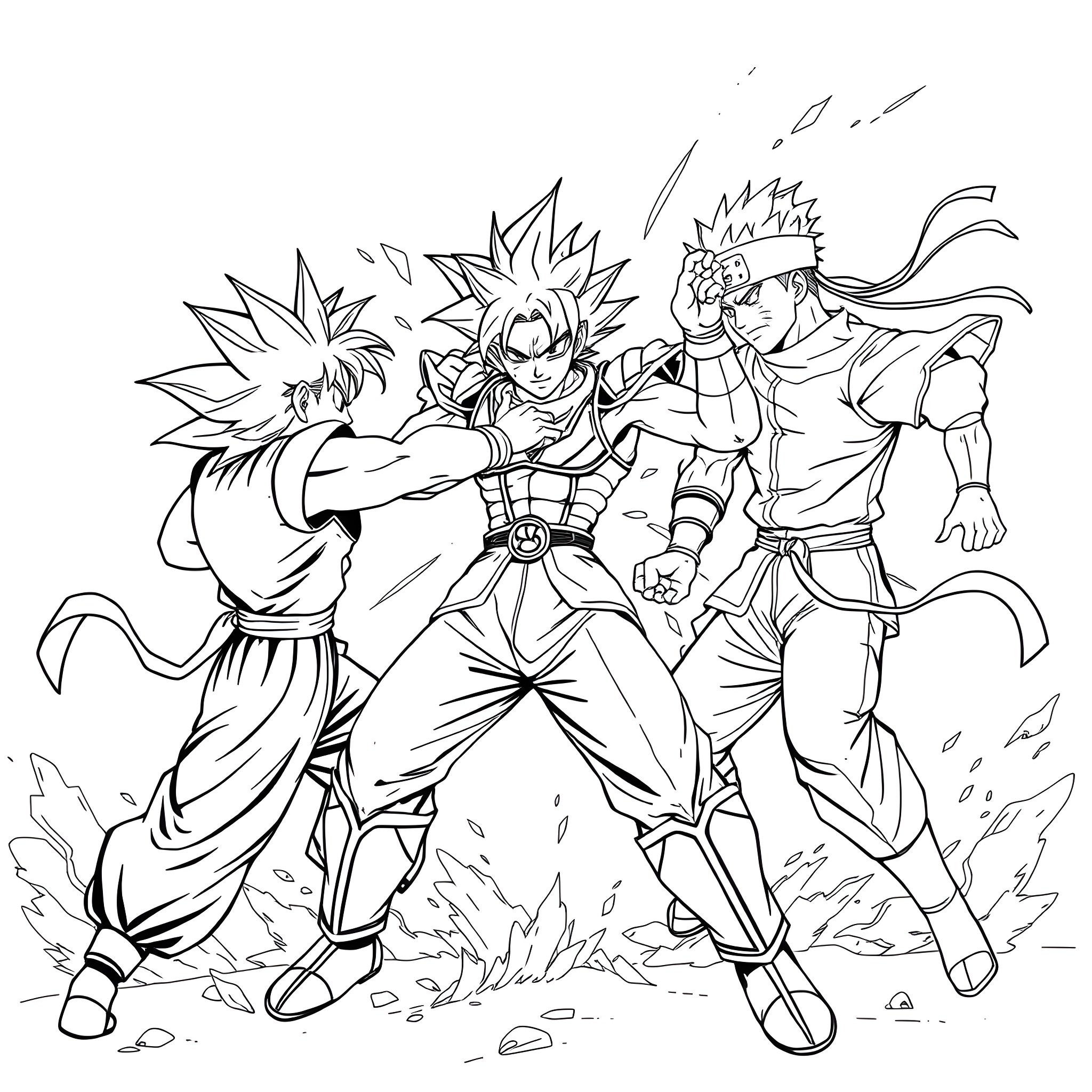 Seiya and companions in heroic battle Coloring Page (free black-and-white line drawing printable PDF for all, from beginners to advanced learners, including children, teens, adults, and seniors)
