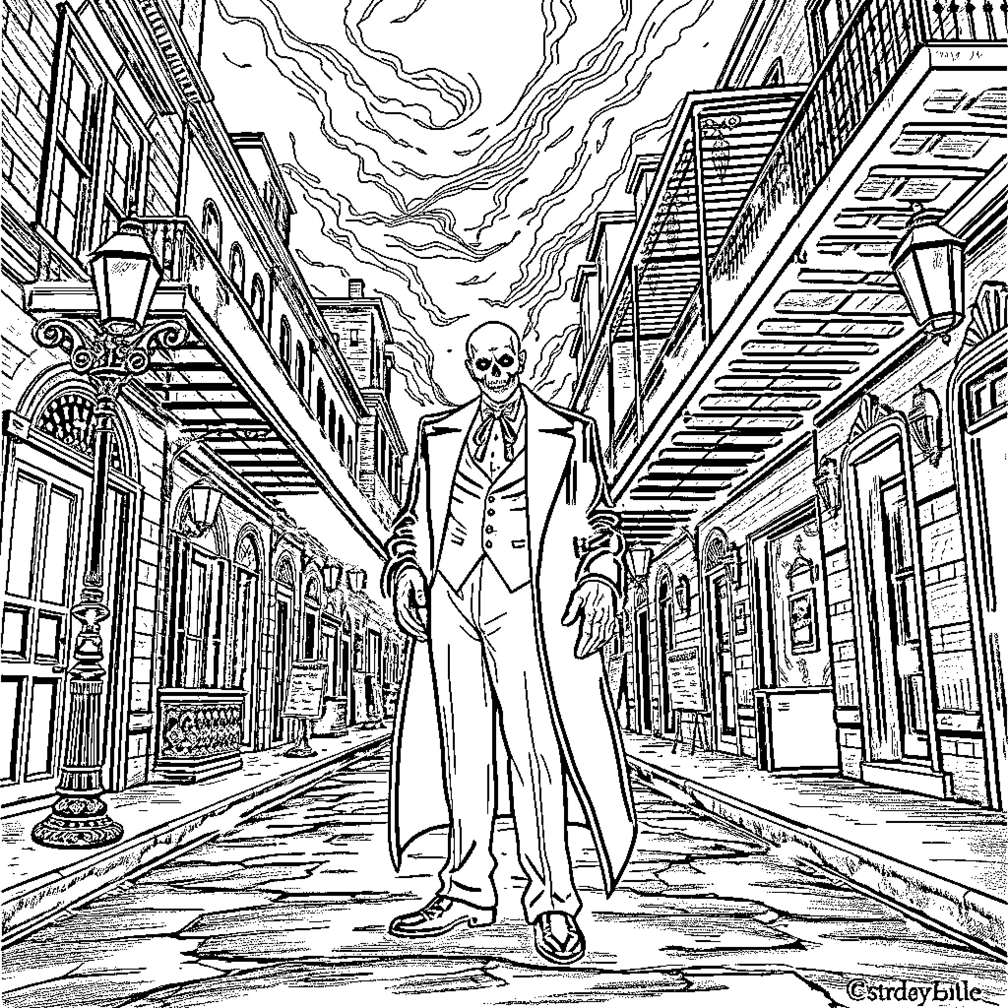 AHs Supreme Skeletal Figure Stalking City Street Coloring Page (free black-and-white line drawing printable PDF for all, from beginners to advanced learners, including children, teens, adults, and seniors)
