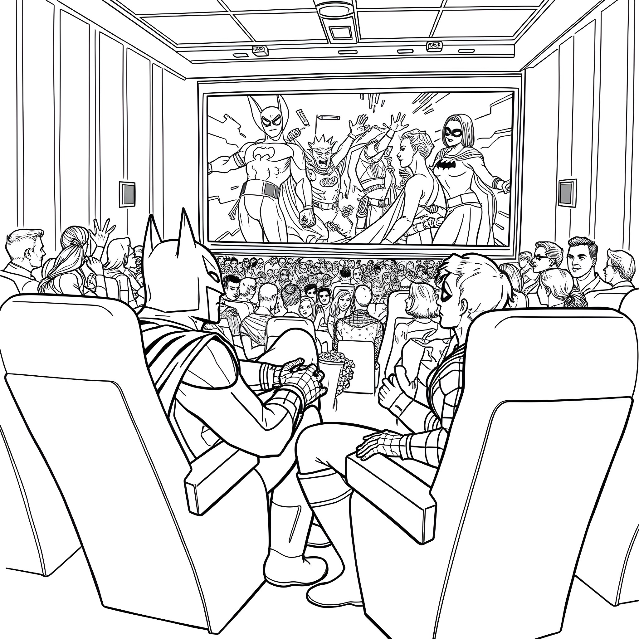 Batman and Superhero Crew Entertaining Audience in Theater Coloring Page (free black-and-white line drawing printable PDF for all, from beginners to advanced learners, including children, teens, adults, and seniors)
