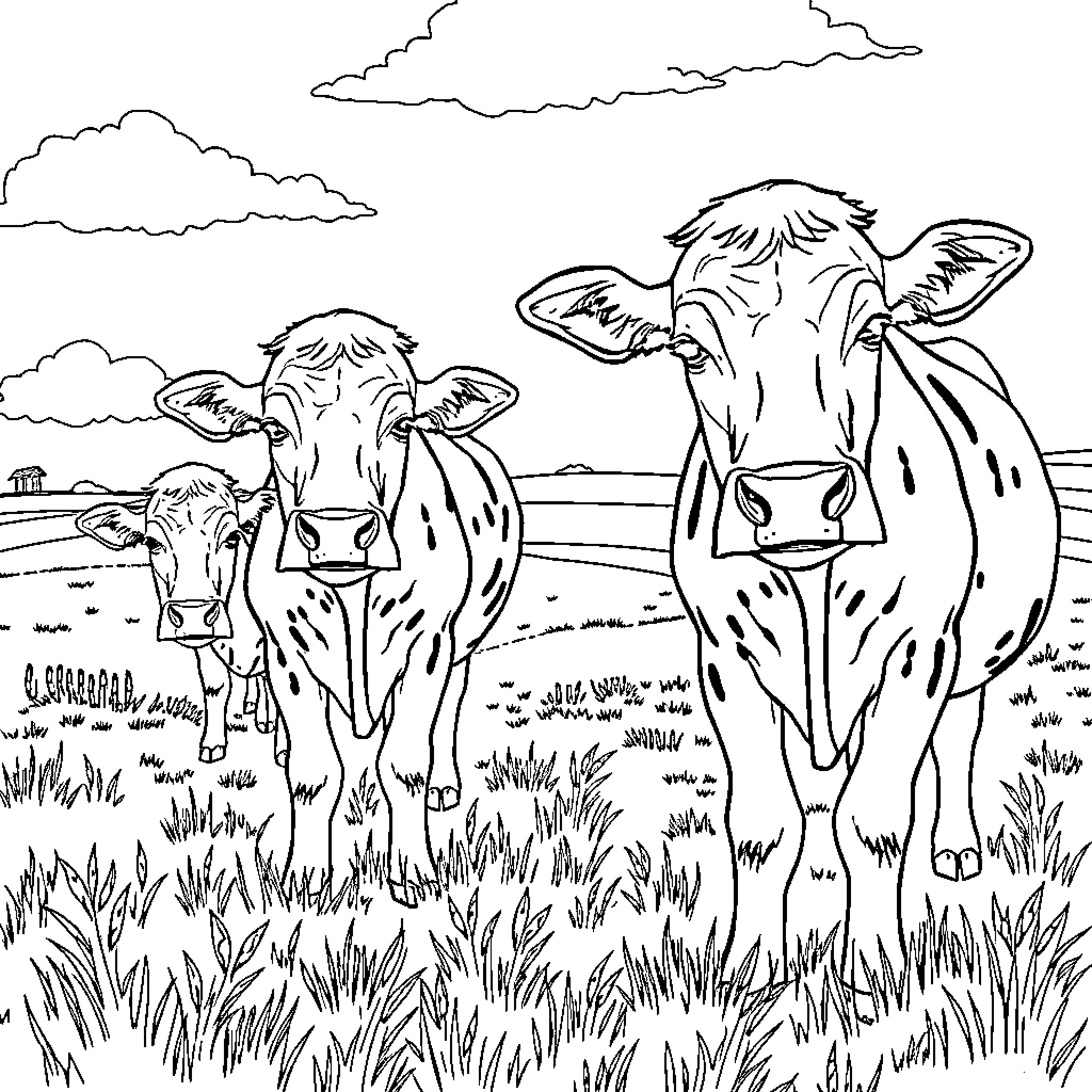 Cow couple grazing peacefully in the field Coloring Page (free black-and-white line drawing printable PDF for all, from beginners to advanced learners, including children, teens, adults, and seniors)