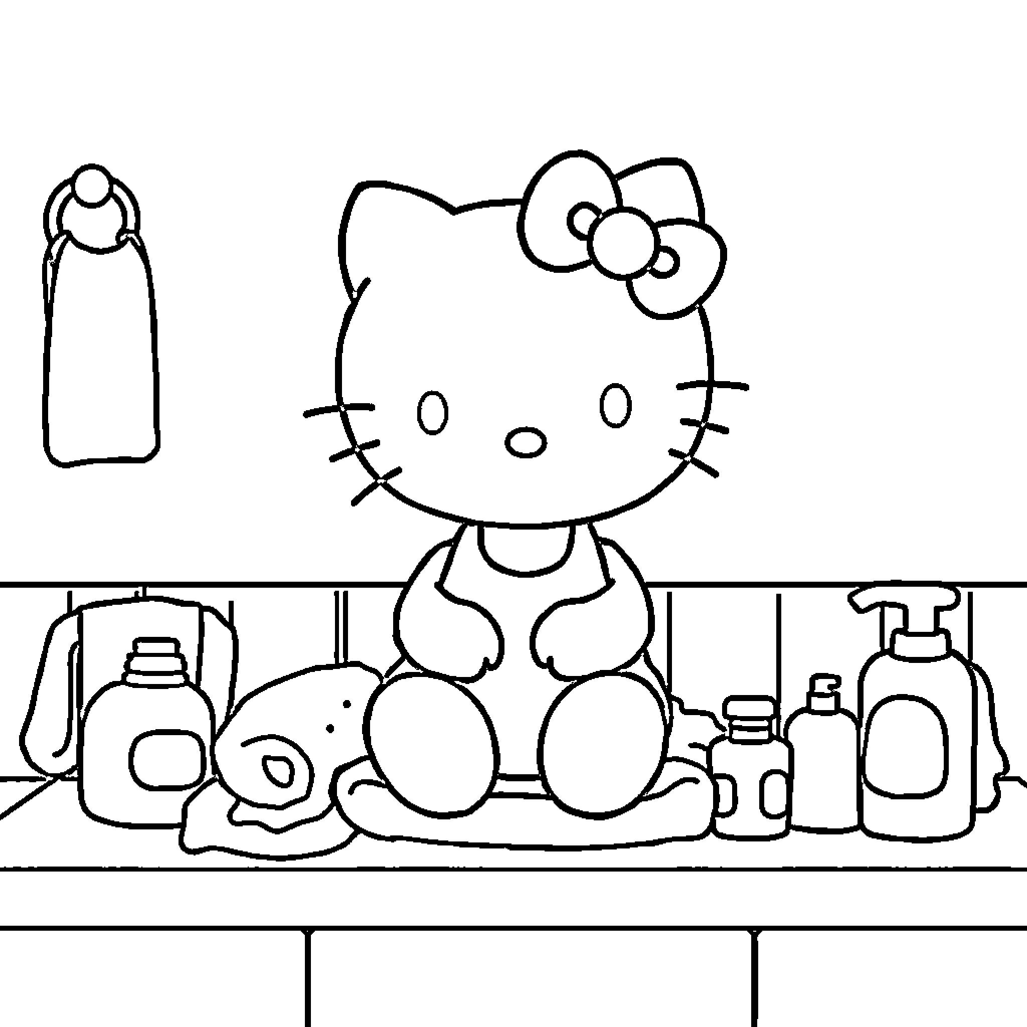 Hello Kitty surrounded by bathroom essentials Coloring Page (free black-and-white line drawing printable PDF for all, from beginners to advanced learners, including children, teens, adults, and seniors)