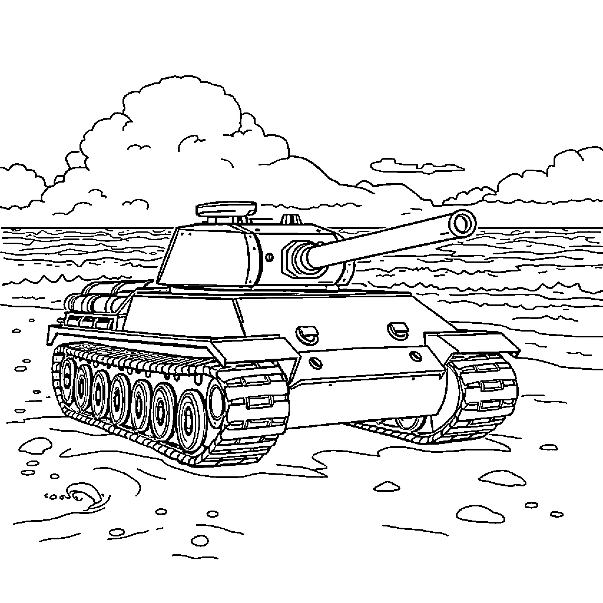 Tank traversing through water and terrain Coloring Page (free black-and-white line drawing printable PDF for all, from beginners to advanced learners, including children, teens, adults, and seniors)