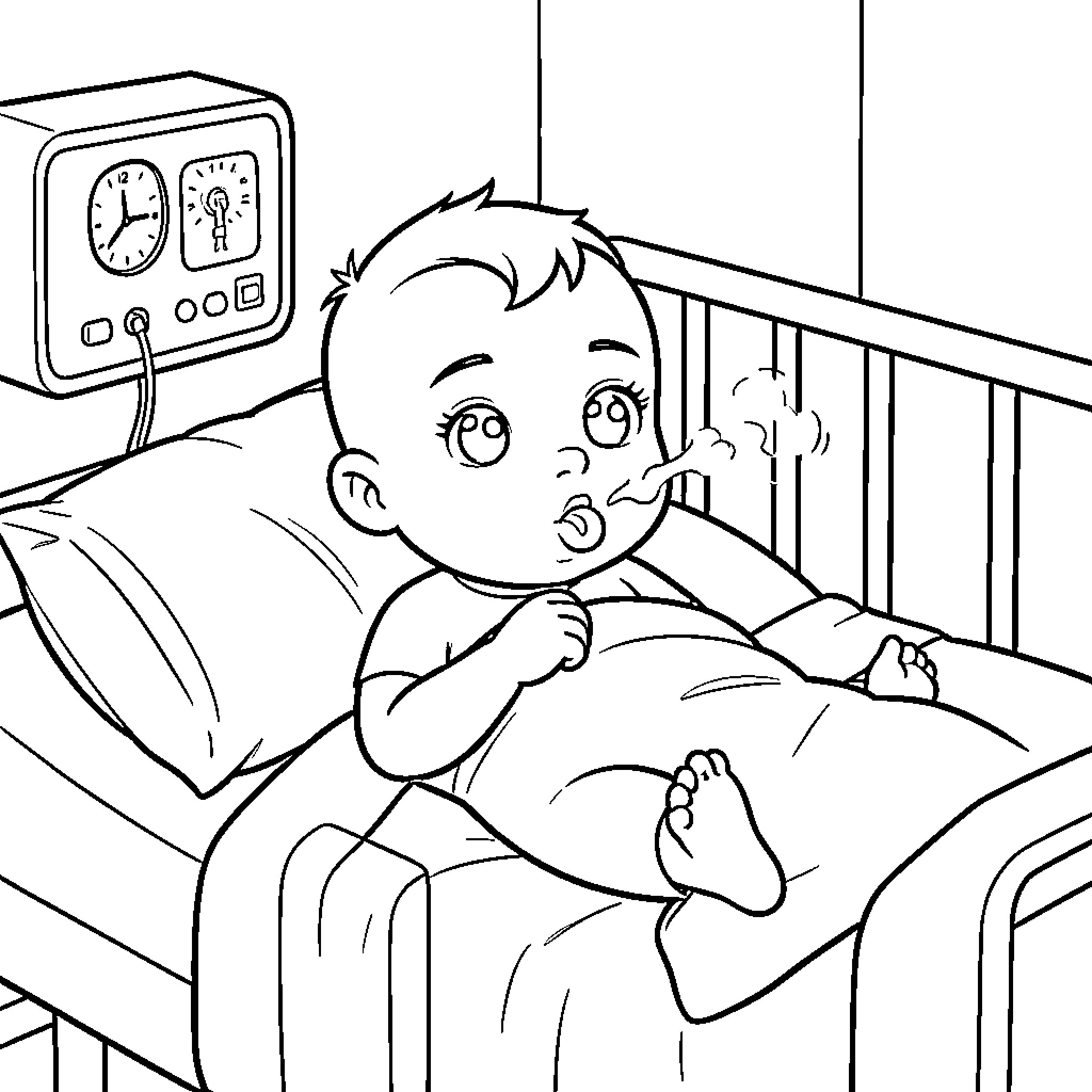 Bebe resting peacefully in the hospital bed Coloring Page (free black-and-white line drawing printable PDF for all, from beginners to advanced learners, including children, teens, adults, and seniors)