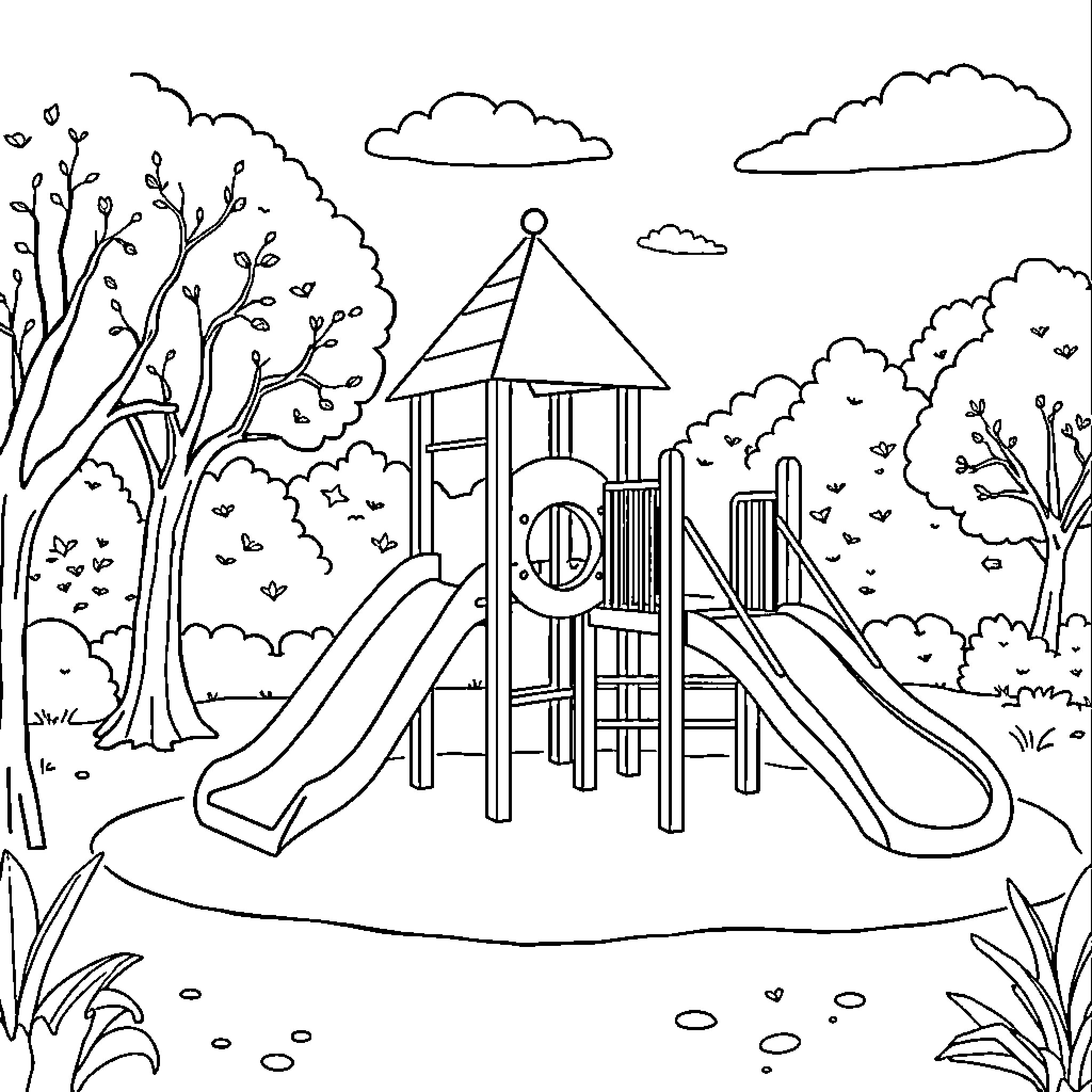 Bing Playground with Slides and Trees Coloring Page (free black-and-white line drawing printable PDF for all, from beginners to advanced learners, including children, teens, adults, and seniors)