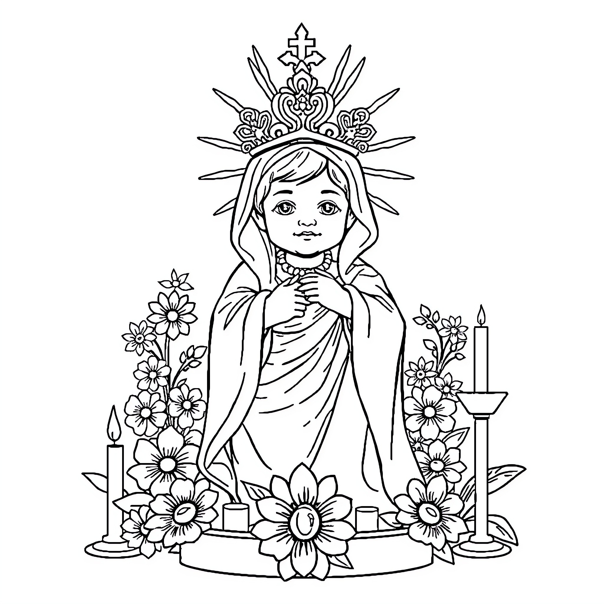 Divino Niño with Flowers and Candles Coloring Page (free black-and-white line drawing printable PDF for all, from beginners to advanced learners, including children, teens, adults, and seniors)