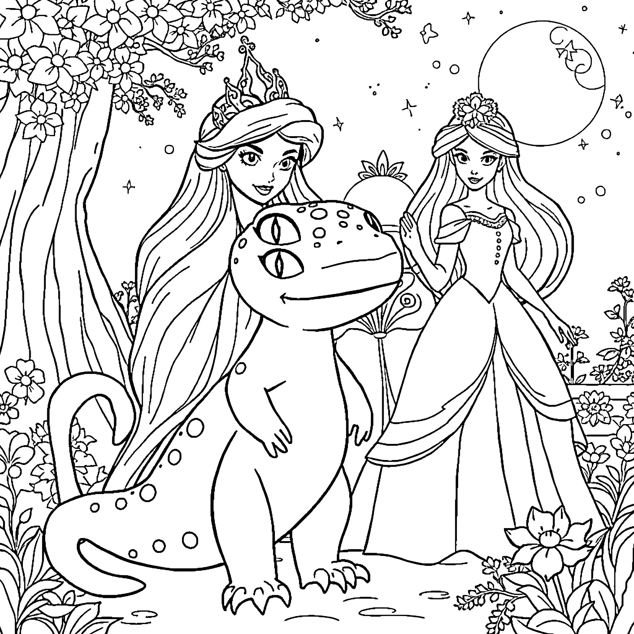 Axolotl's Magical Adventure with Princesses Coloring Page (free black-and-white line drawing printable PDF for all, from beginners to advanced learners, including children, teens, adults, and seniors)