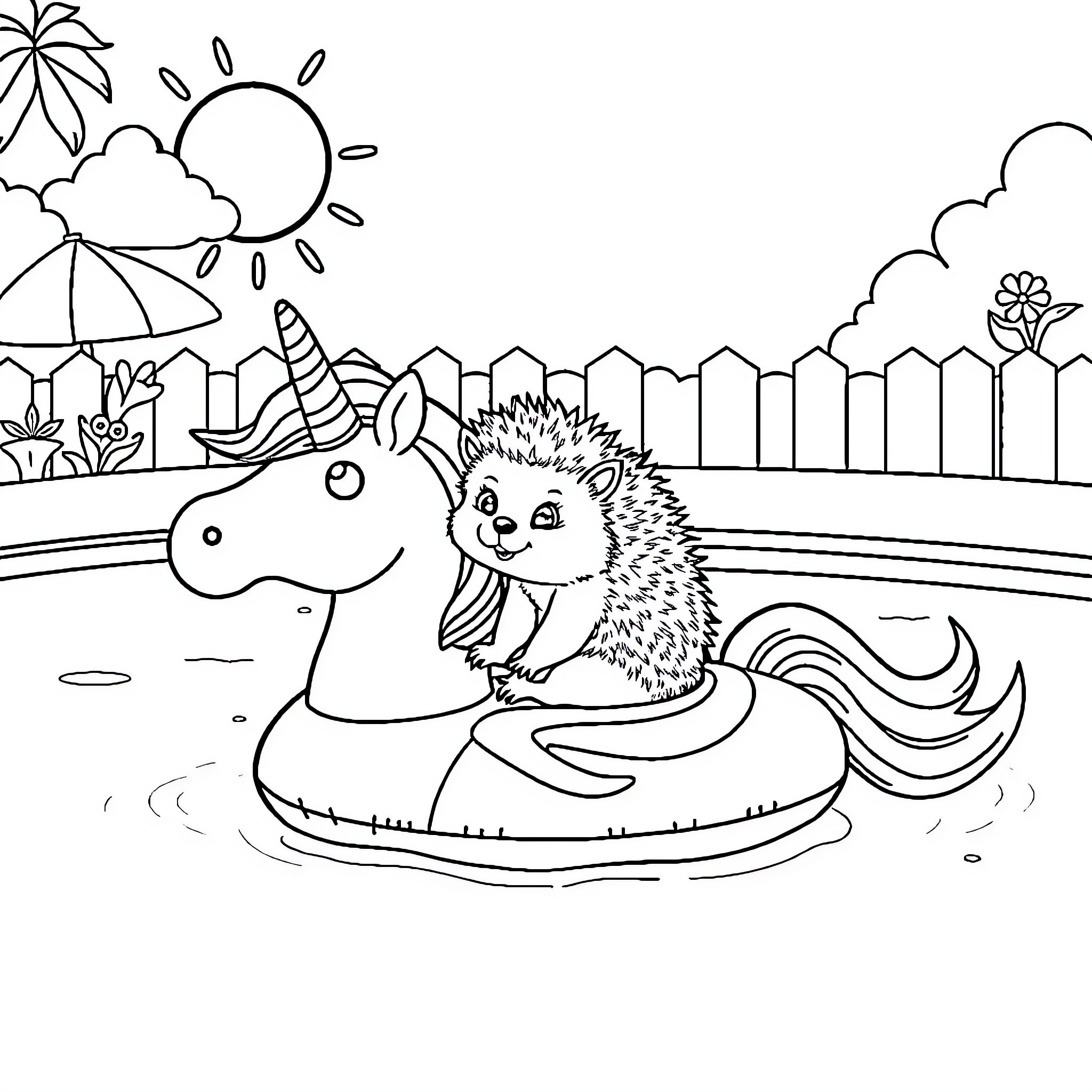 Hedgehog riding a unicorn in a summer scene Coloring Page (free black-and-white line drawing printable PDF for all, from beginners to advanced learners, including children, teens, adults, and seniors)