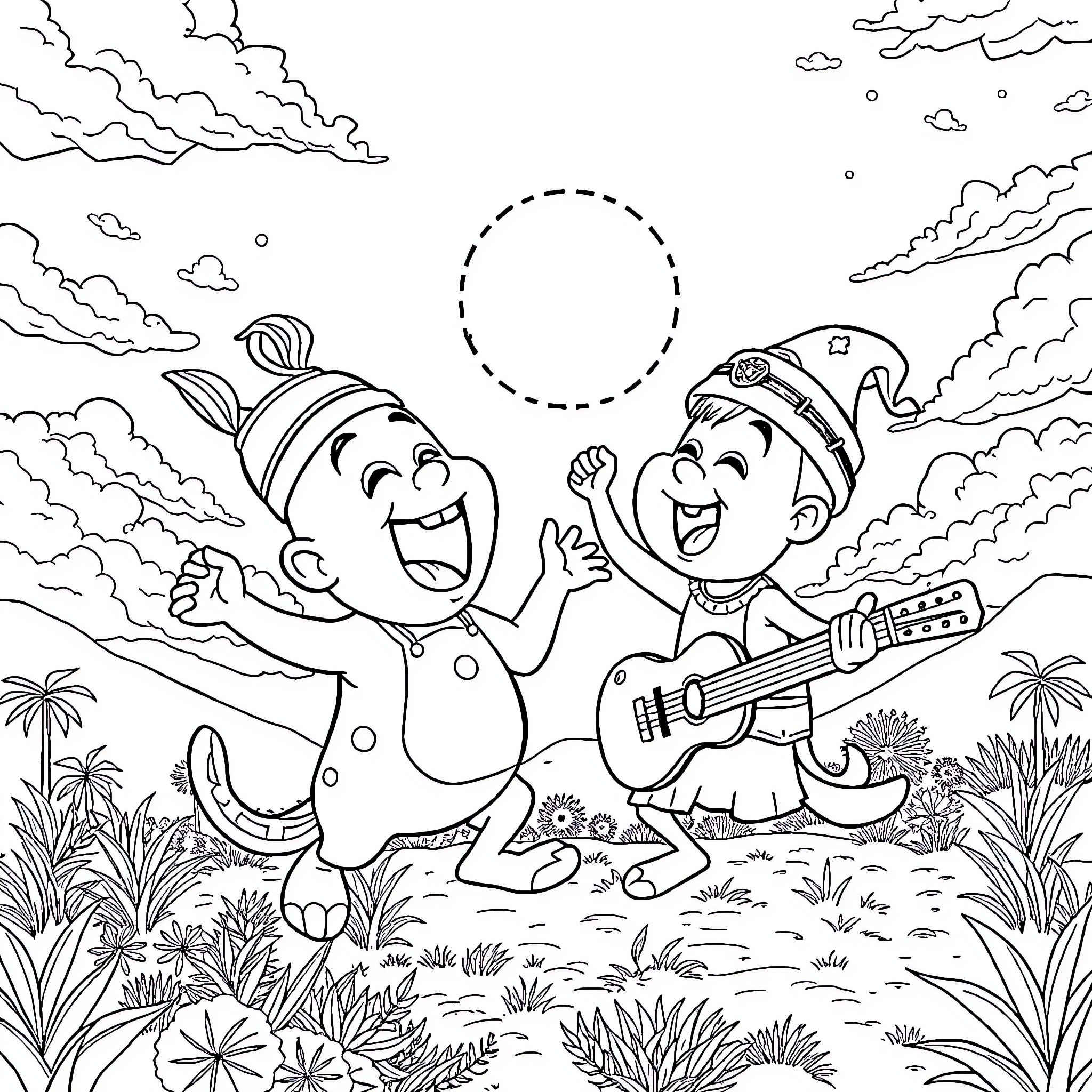 Tralalero Duo Perform Joyfully in Nature Coloring Page (free black-and-white line drawing printable PDF for all, from beginners to advanced learners, including children, teens, adults, and seniors)