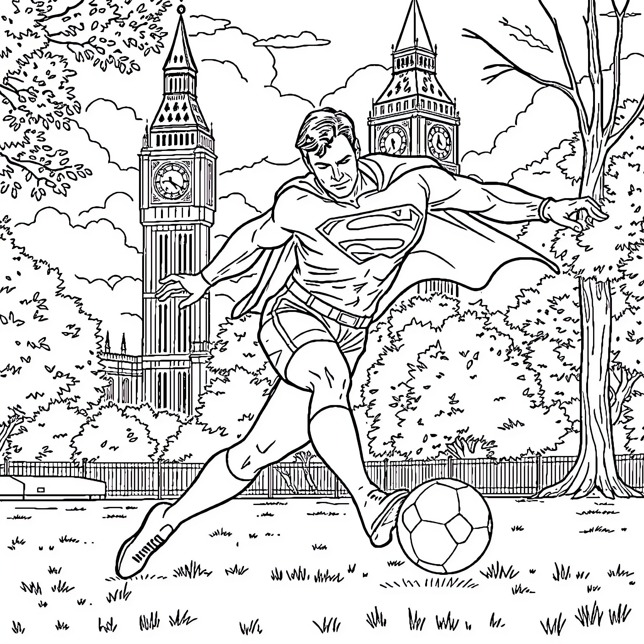 Superman flying heroically over London landmarks Coloring Page (free black-and-white line drawing printable PDF for all, from beginners to advanced learners, including children, teens, adults, and seniors)