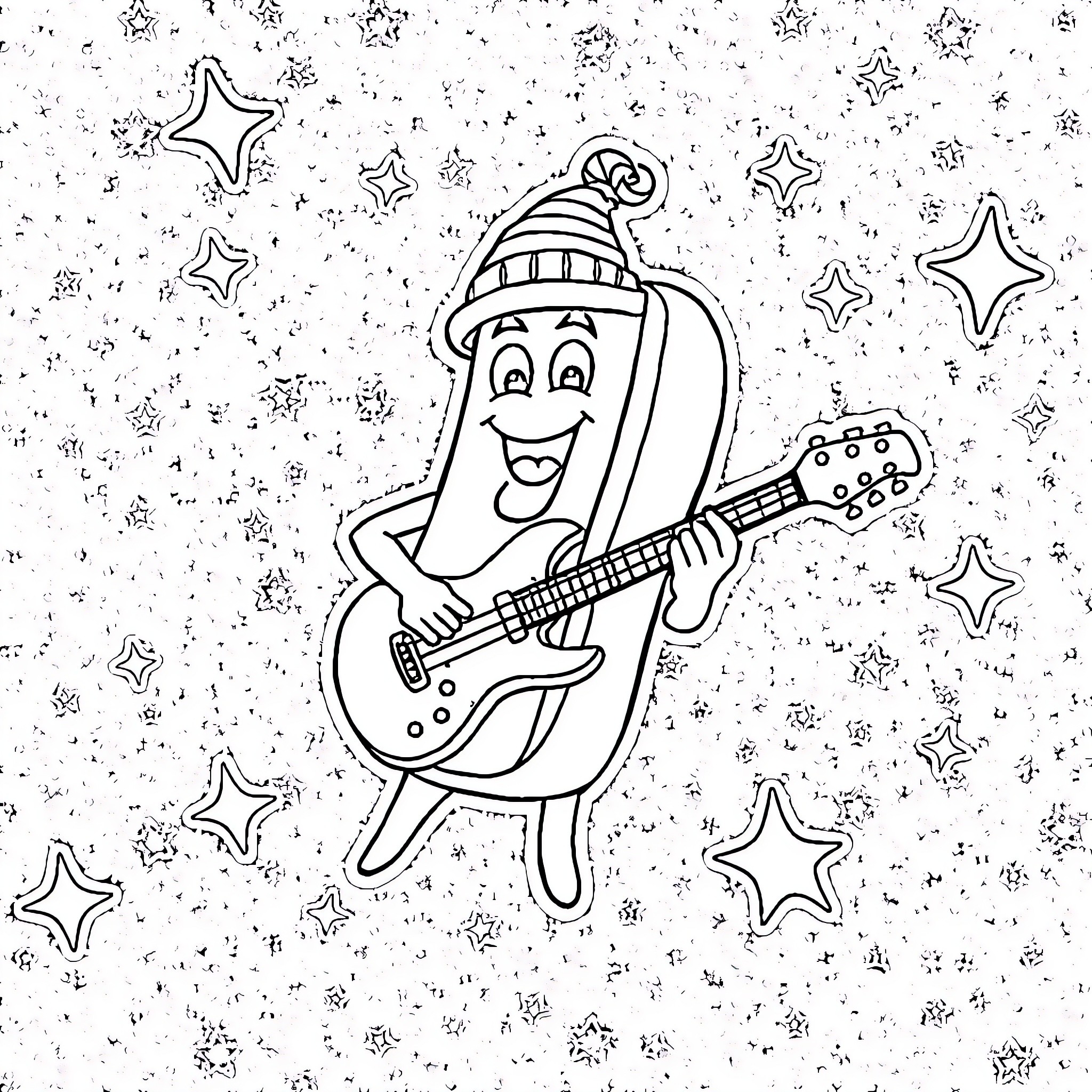 Hot Dog Man playing guitar among the stars Coloring Page (free black-and-white line drawing printable PDF for all, from beginners to advanced learners, including children, teens, adults, and seniors)