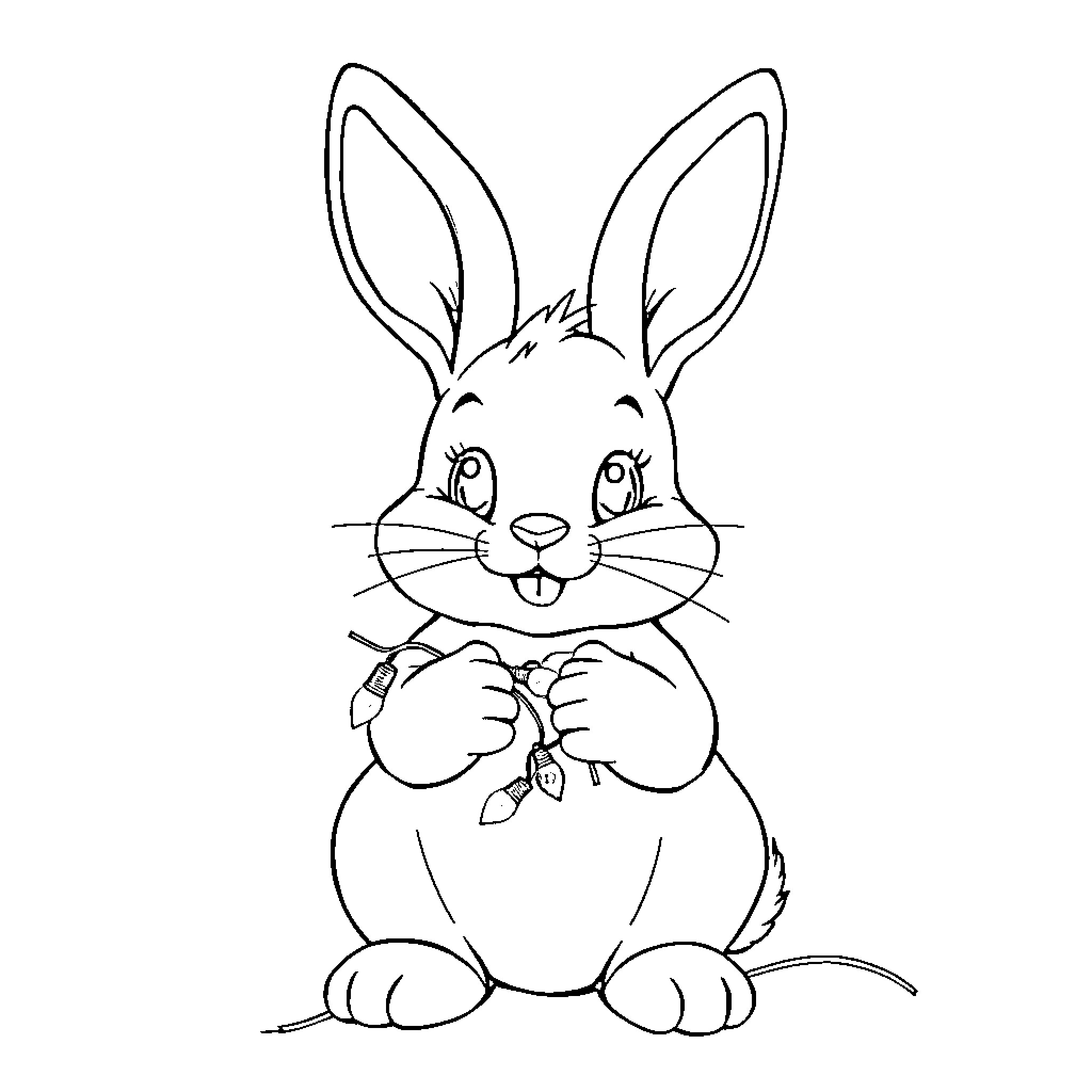 Bunny Holding Flowers with Delight Coloring Page (free black-and-white line drawing printable PDF for all, from beginners to advanced learners, including children, teens, adults, and seniors)