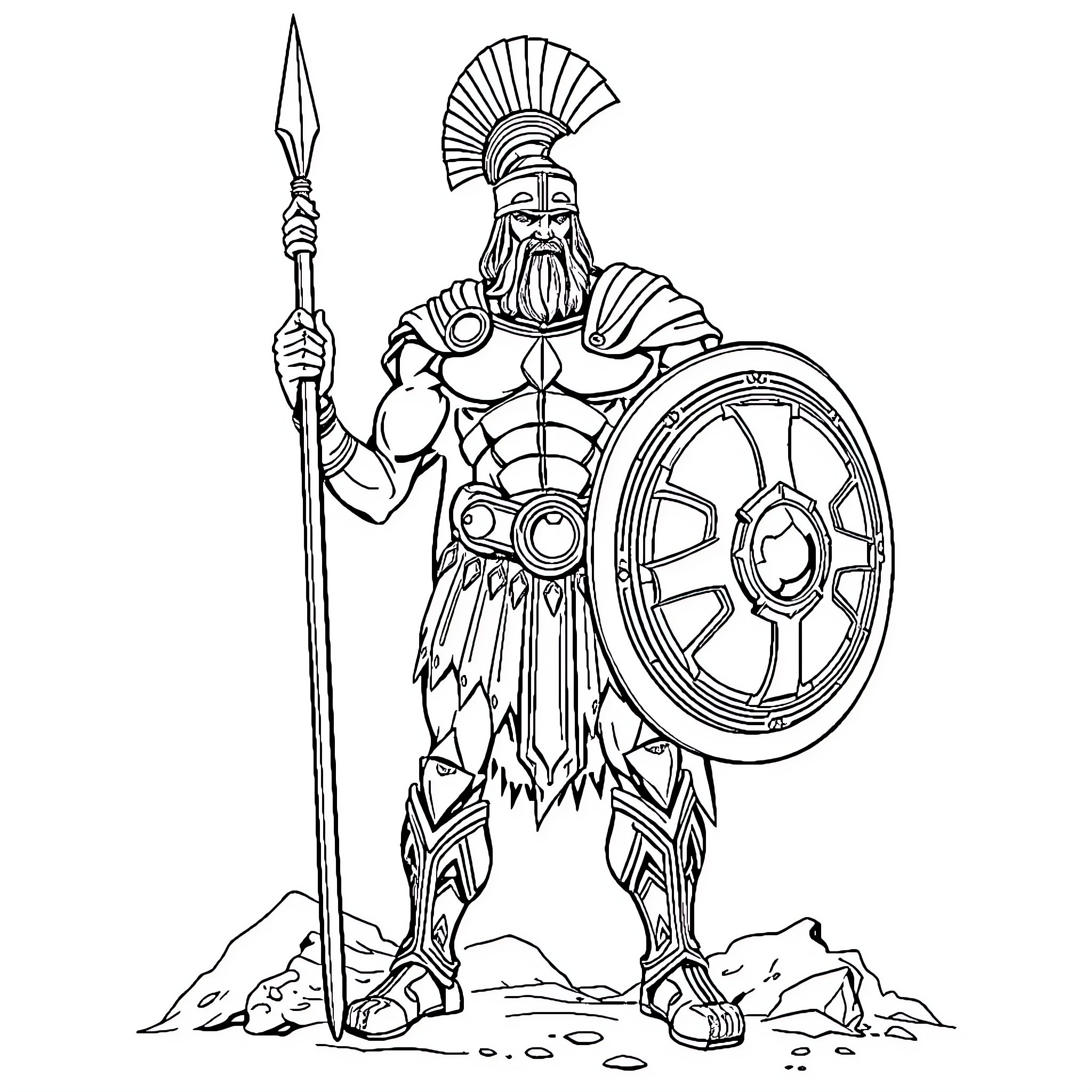 Ares, the Mighty Spartan Warrior Coloring Page (free black-and-white line drawing printable PDF for all, from beginners to advanced learners, including children, teens, adults, and seniors)