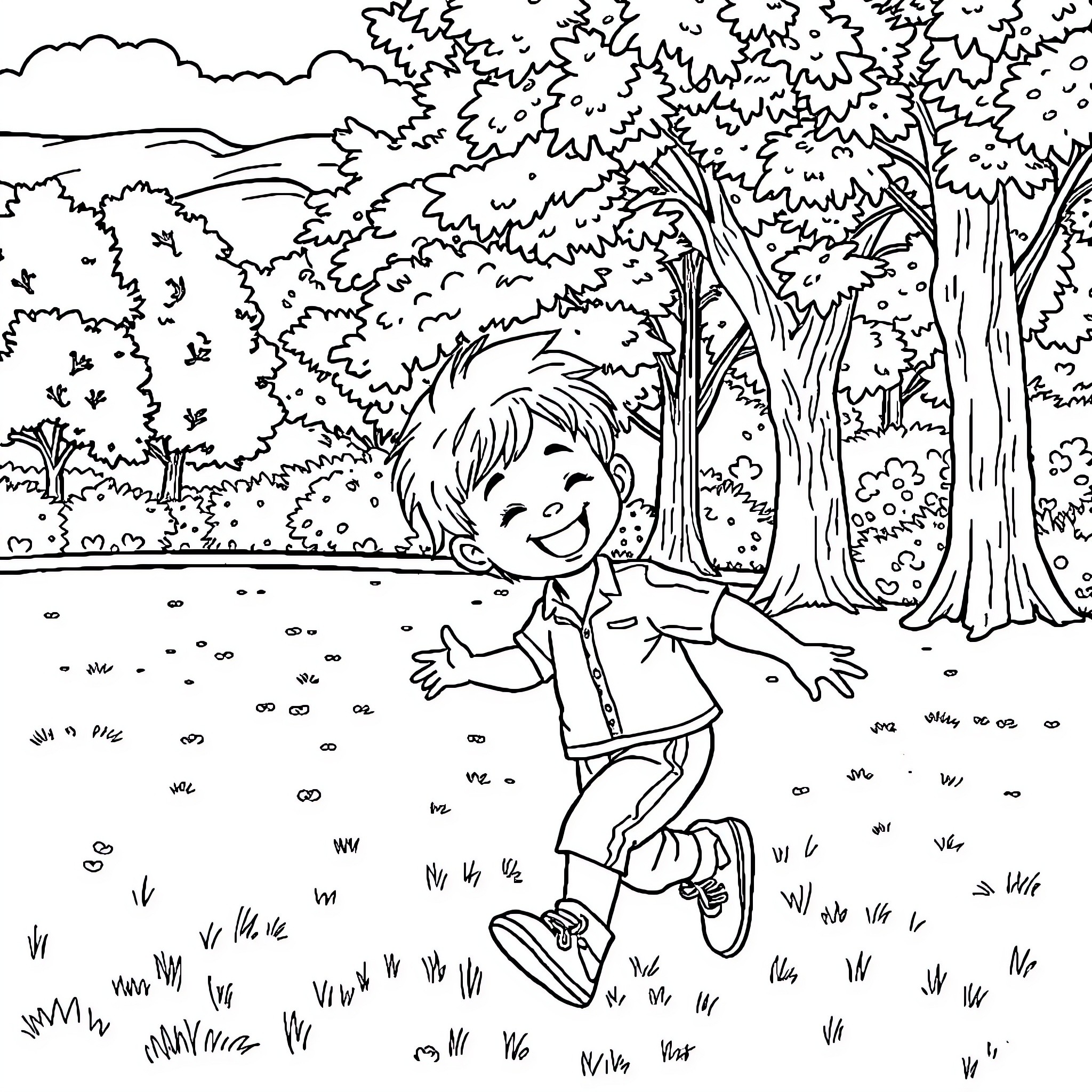 Boy enjoying a walk in the forest Coloring Page (free black-and-white line drawing printable PDF for all, from beginners to advanced learners, including children, teens, adults, and seniors)