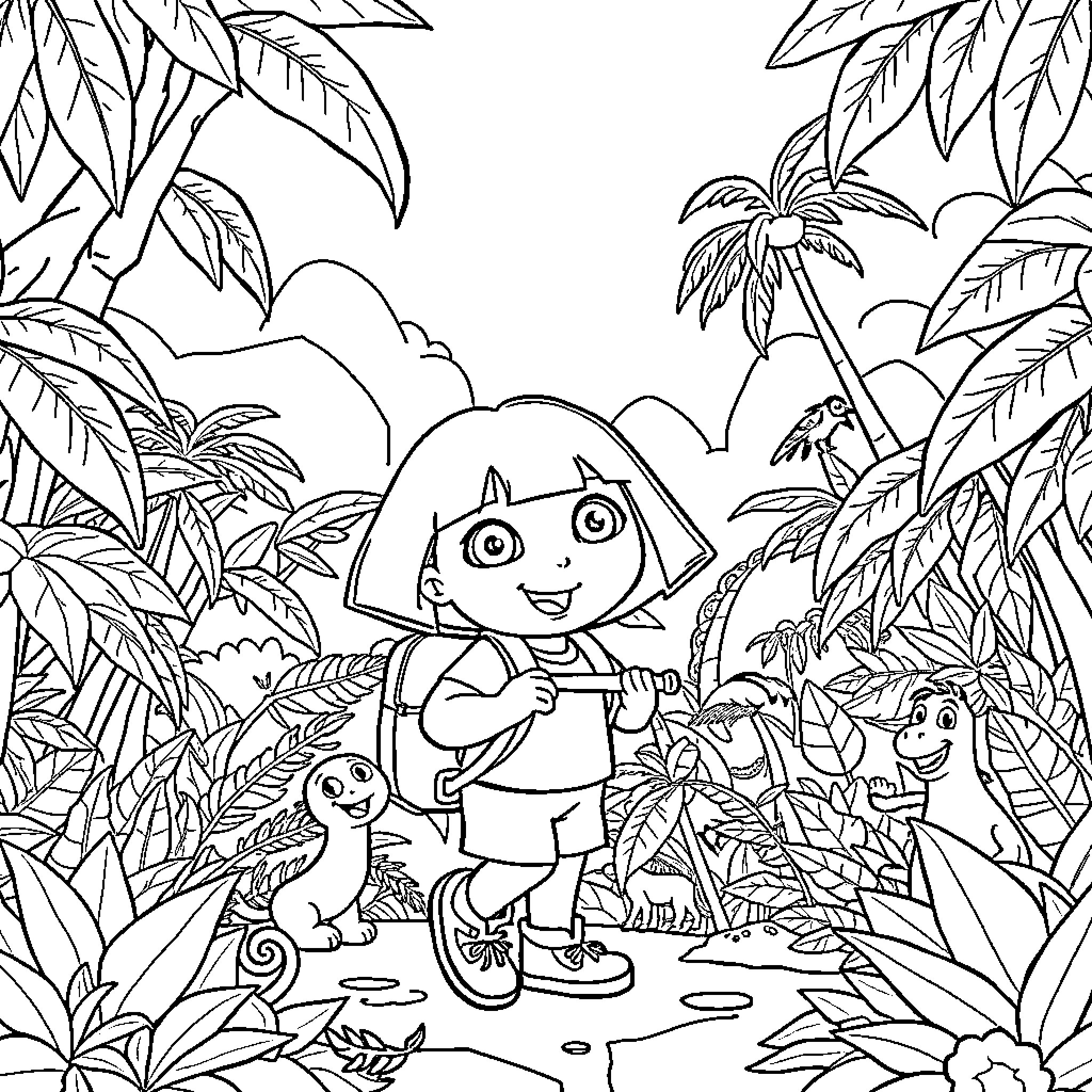 Dora's Jungle Adventure Coloring Page (free black-and-white line drawing printable PDF for all, from beginners to advanced learners, including children, teens, adults, and seniors)