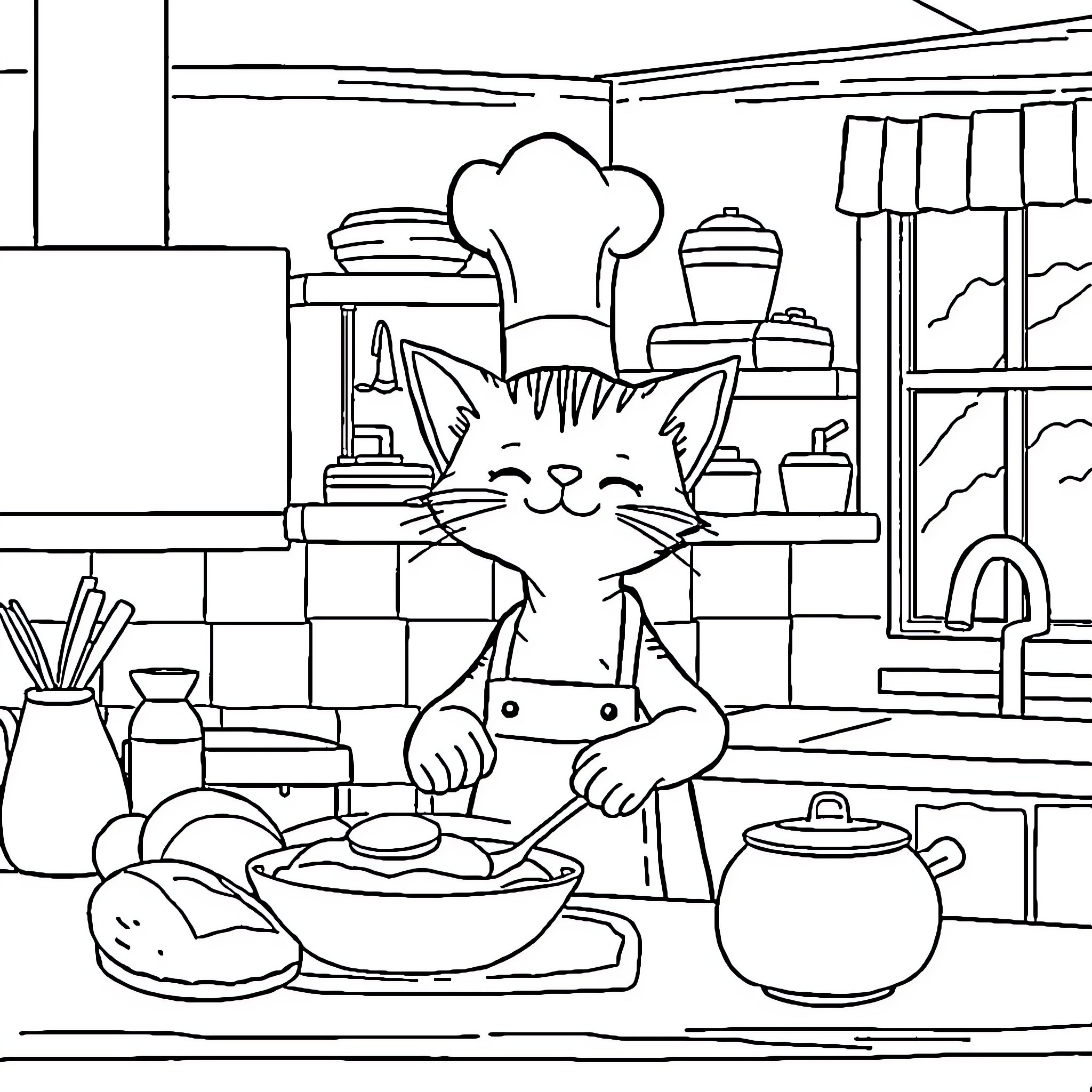 Cat chef cooking in a kitchen Coloring Page (free black-and-white line drawing printable PDF for all, from beginners to advanced learners, including children, teens, adults, and seniors)
