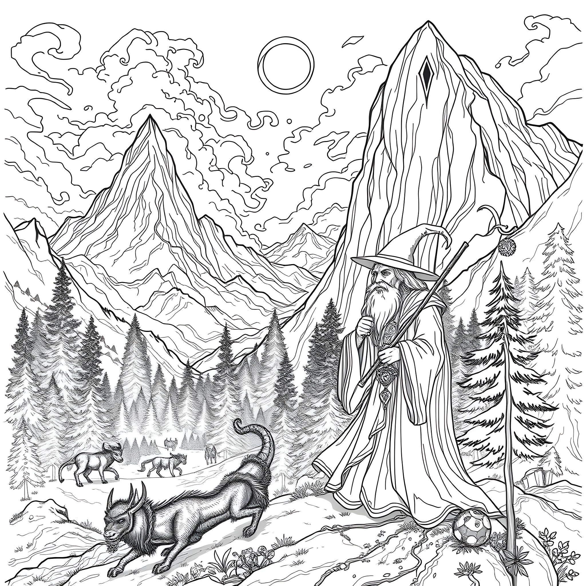 Wizard conjuring magic in the enchanted wilderness Coloring Page (free black-and-white line drawing printable PDF for all, from beginners to advanced learners, including children, teens, adults, and seniors)