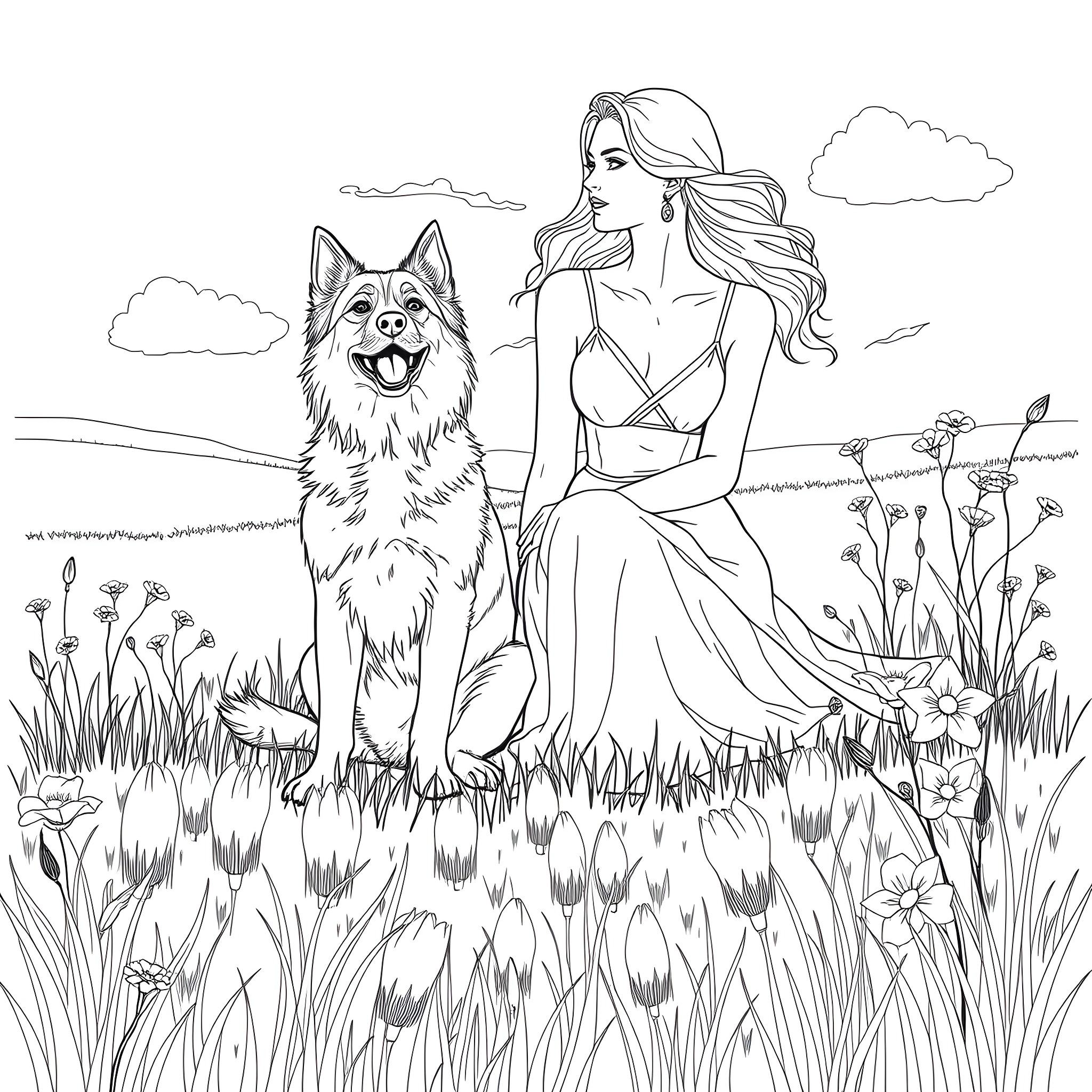 Dog and woman enjoying nature together Coloring Page (free black-and-white line drawing printable PDF for all, from beginners to advanced learners, including children, teens, adults, and seniors)